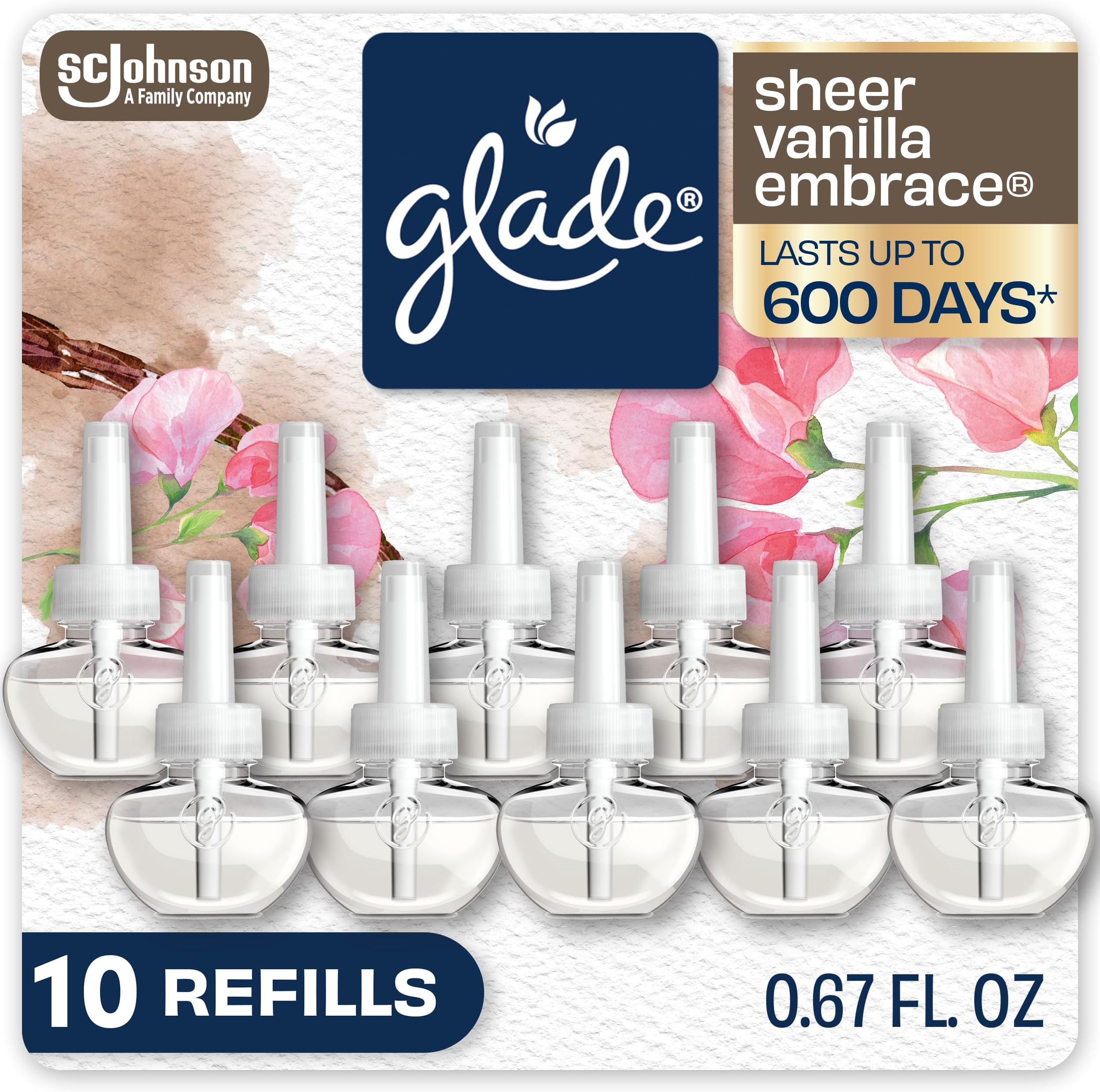 Glade PlugIns Refills Air Freshener, Sheer Vanilla Embrace, Scented and Essential Oils for Home and Bathroom, 0.67 Fl Oz, 10 Count
