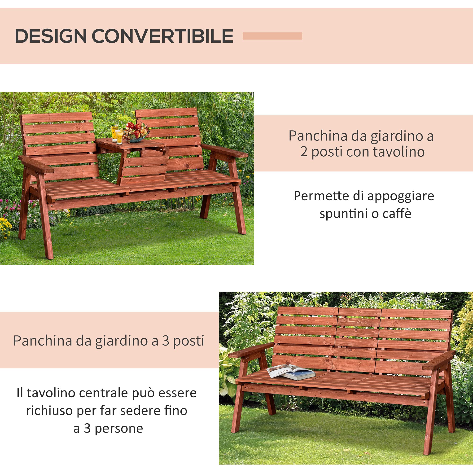 Outsunny Panchina da Esterni in Legno di Abete 2 o 3 Posti, 160x68x92cm | Tavolino Convertibile in Seduta, Impermeabile