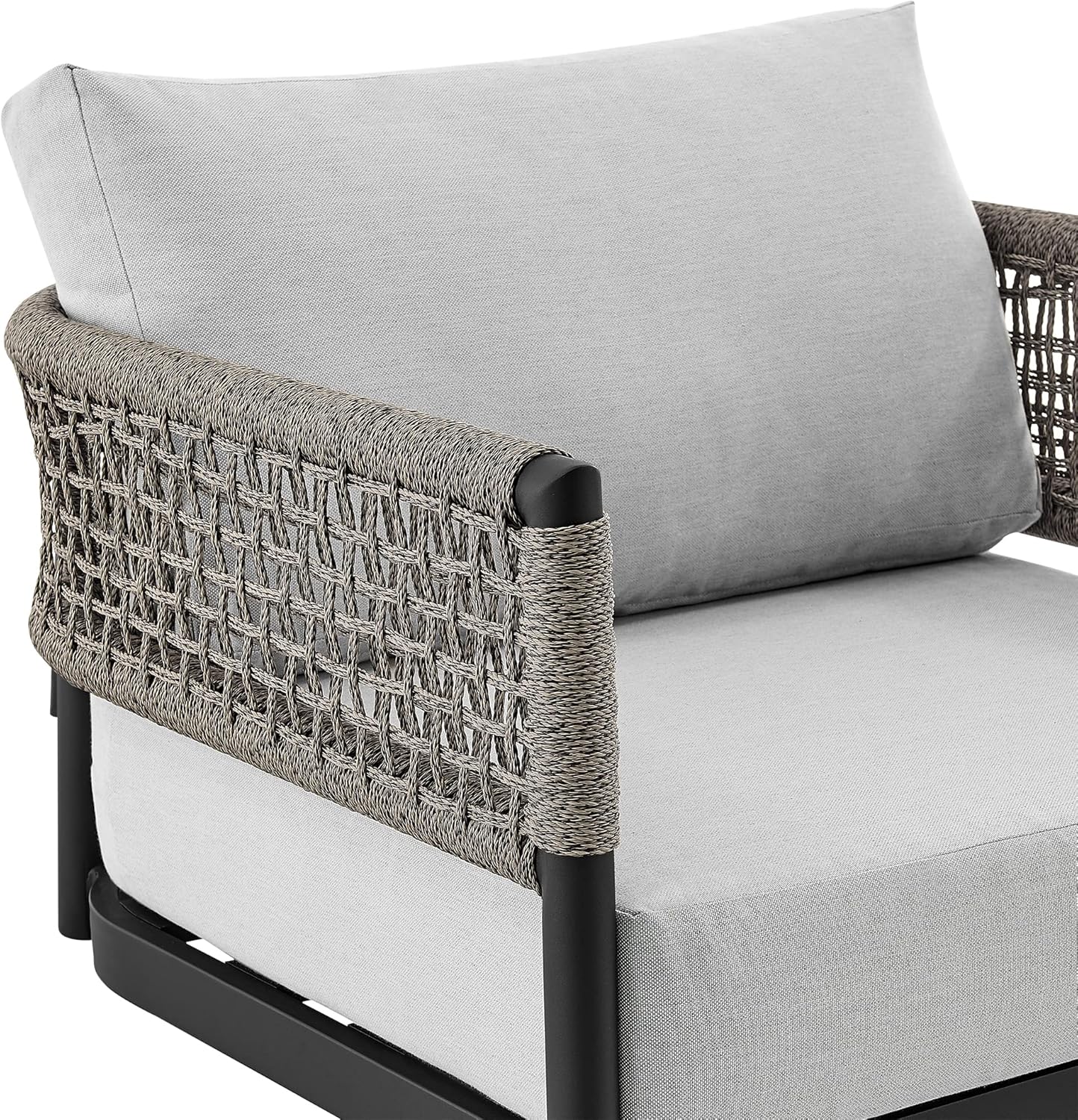 Armen Living Felicia Outdoor Patio Swivel Rocking Chair in Black Aluminum and Grey Rope with Cushions