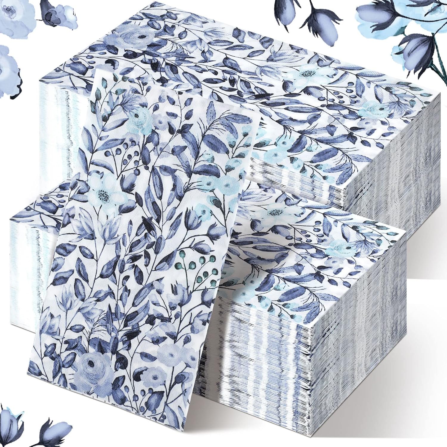 Karenhi 200 Pcs Blue Paper Hand Towels 2 Ply Blue Floral Bathroom Guest Napkins Flower Decorative Disposable Napkins Wildflower Disposable Bathroom Towels for Wedding Birthday Party Baby Shower