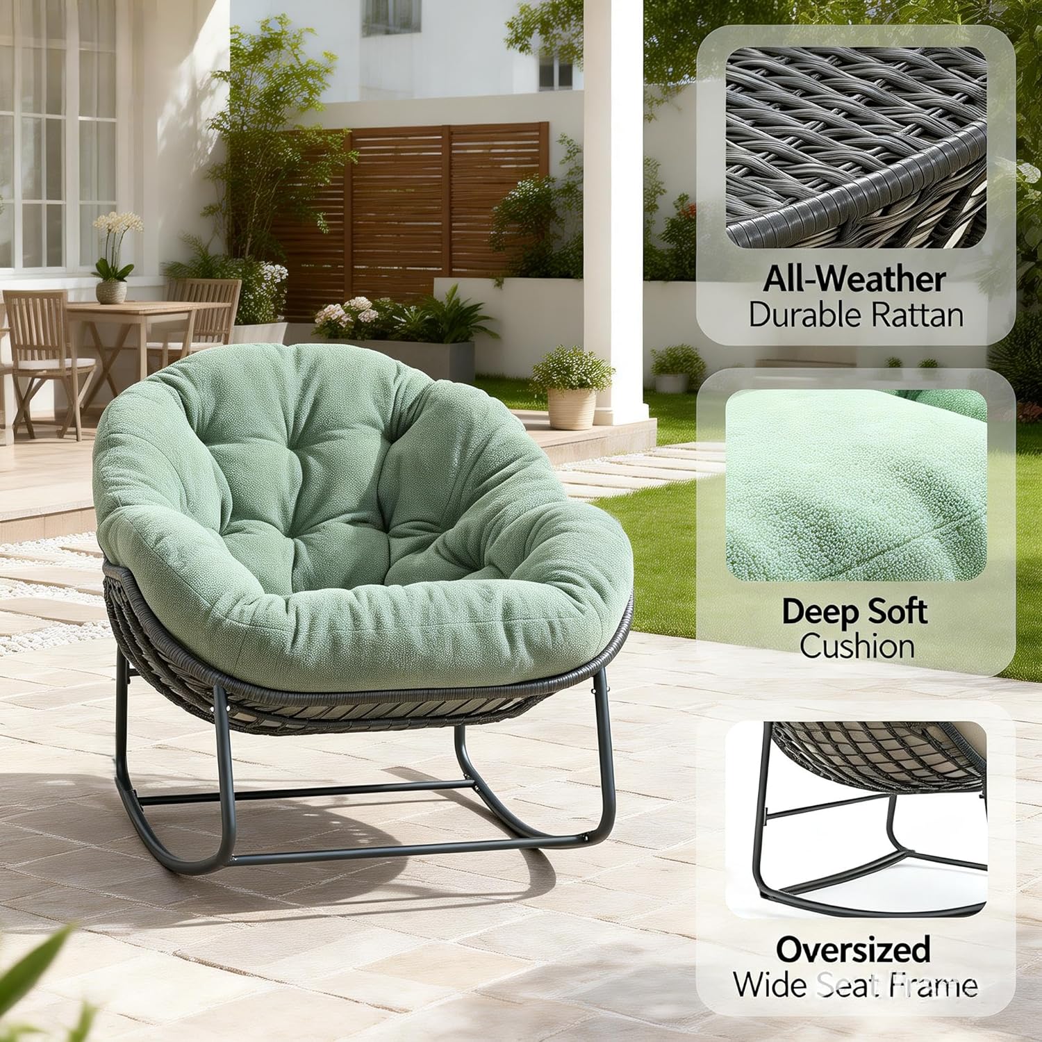 Oversized Outdoor Papasan Rocking Chair with Soft Cushion, Comfy Patio Egg Chair, Wicker Lounge Rocker for Balcony/Porch/Garden, Reinforced All Weather Rattan Frame, 330 lbs Support, Hunter Green