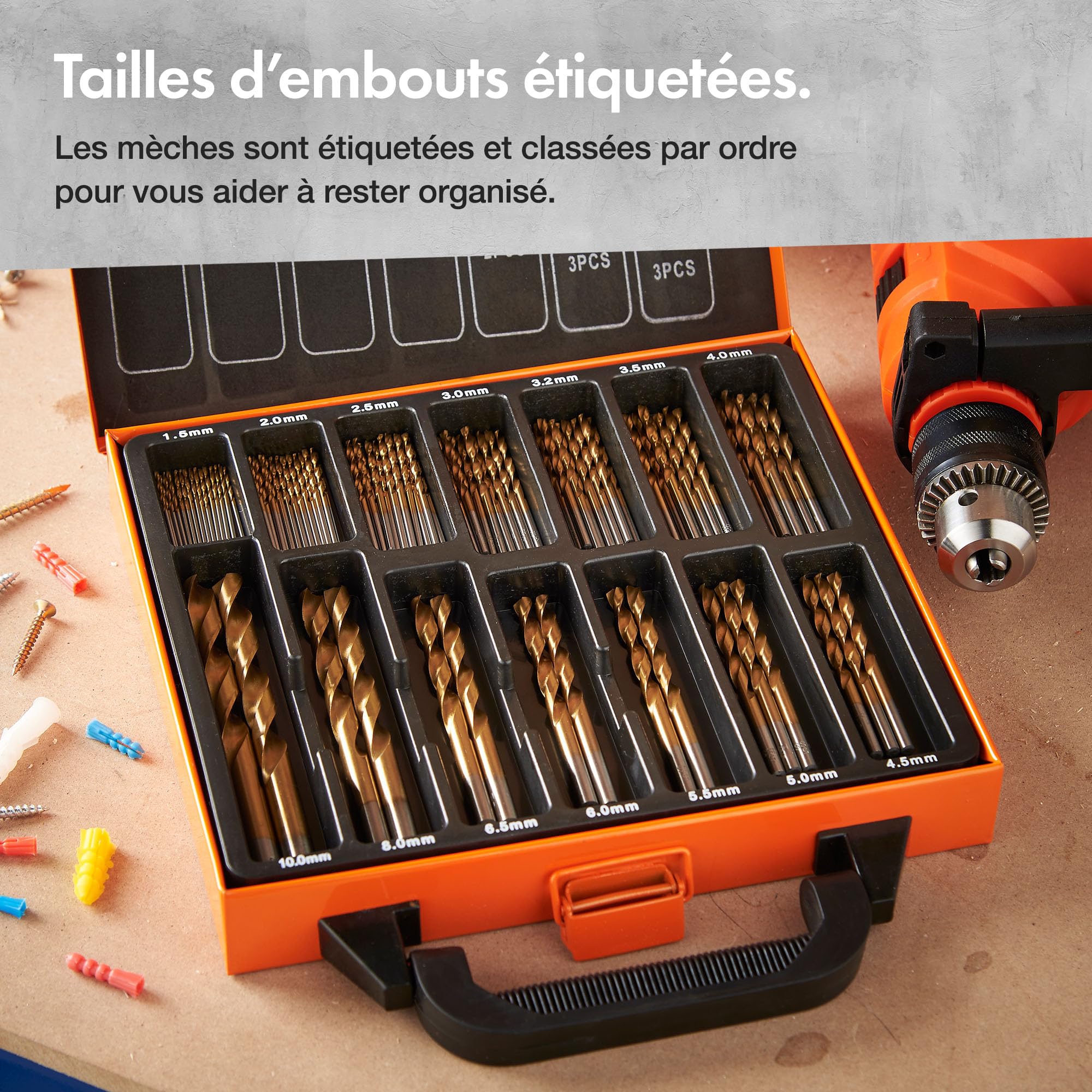 VonHaus Jeu de forets à Métaux avec Mallette de Transport - Coffret Forets Métaux - 99 Forets en Acier Rapide de 1,5 à 10 mm avec revêtement en titane - Pour Percer le Bois, la Maçonnerie et le Métal
