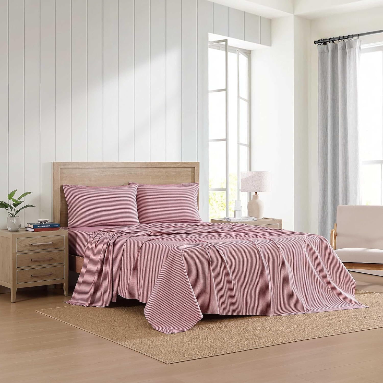 Tommy Hilfiger - Sheet Set, Cotton Percale Bedding with Matching Pillowcases, Crisp & Cool, Premium Quality Home Essentials (Highland Ticking Stripe Red, Twin XL)