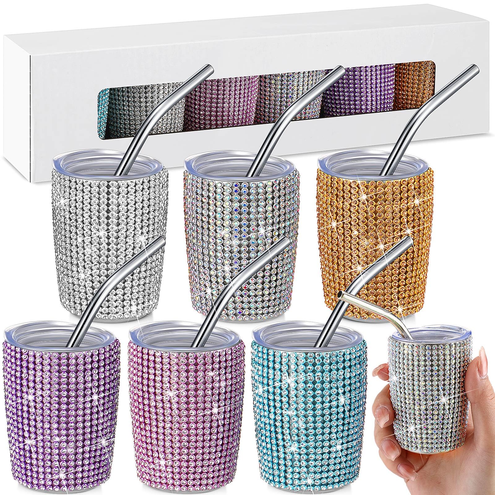 Lemosae 6 Pcs Bling Mini Tumbler Shot Glass, Diamond Tumbler Shot with Straw and Lid Cute Tumbler Shot Glass Stainless Steel Double Wall Glitter Bulk for Party Bar Travel Camping(3 oz)