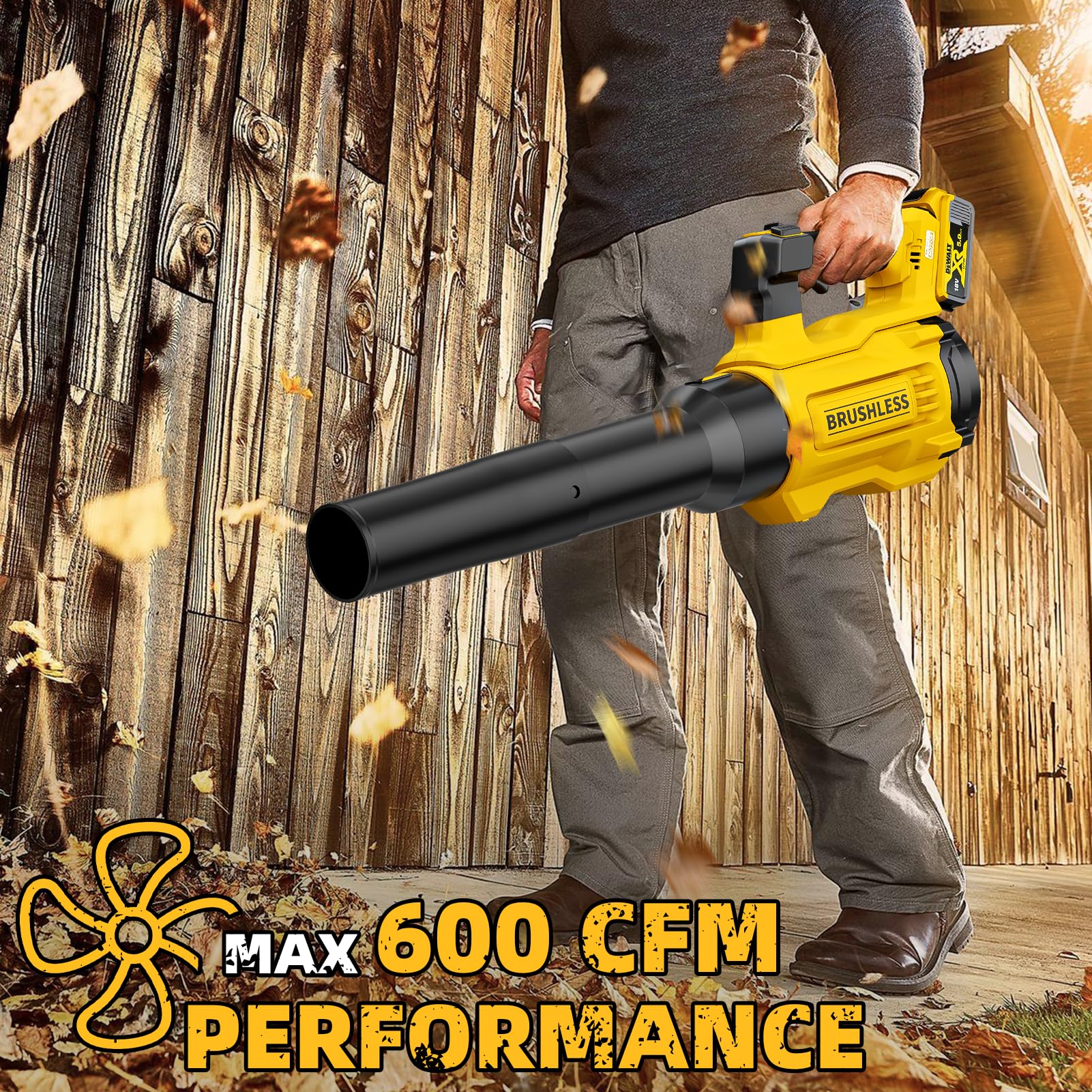 Sopladora de Hojas Inalámbrica Eléctrica, Soplador de Mano de 600 CFM 125 MPH Compatible con Batería DeWALT de 20 V Máximo, Funciona con Motor Sin Escobillas para Cuidado del Césped, Patio