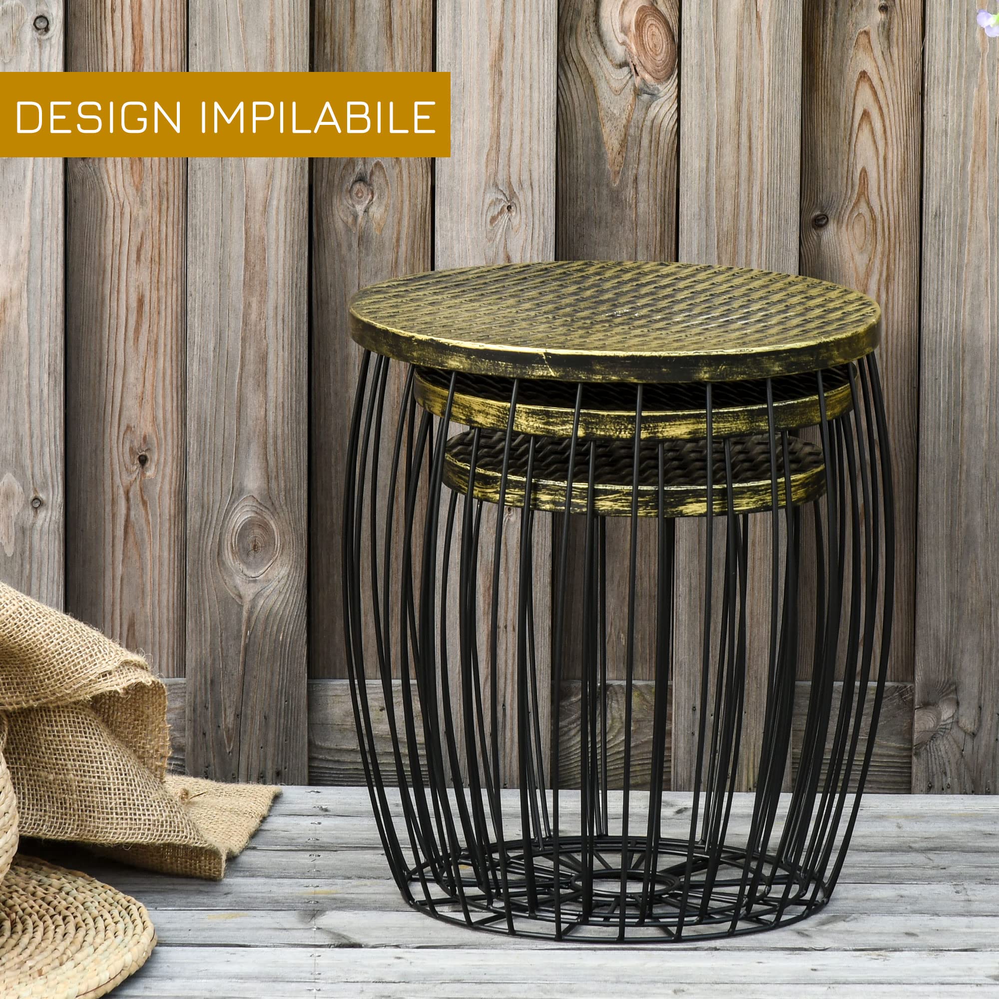 Outsunny Set di 3 Tavolini da Giardino Impilabili, Arredamento da Esterno Stile Industriale in Metallo Nero