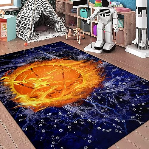 Alfombra de baloncesto azul marino para niños, decoración de dormitorio de baloncesto con estampado de llama, alfombra de sala de juegos para sala
