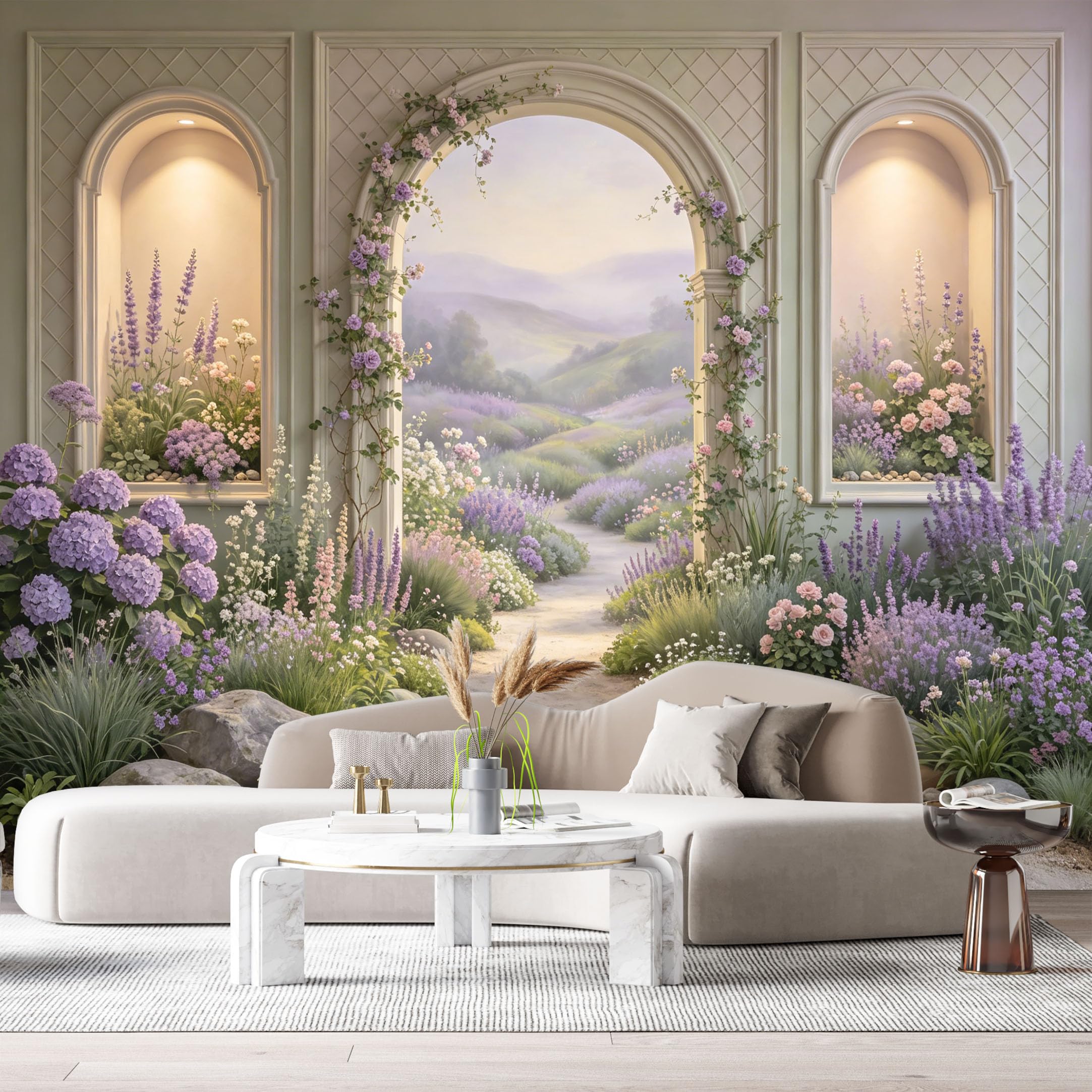 Custom Size Wall Murals Neoclassical Archway Lavender Field Flower Garden 3D Trompe L'Oeil SelfAdhesiveWall Fabric Removable Wallpaper Wall Decor for Living Room Bedroom Bathroom