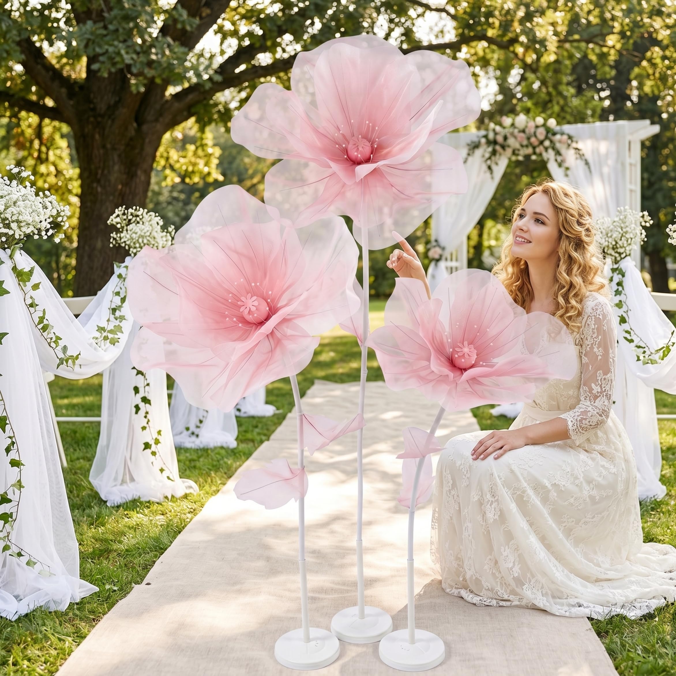 Flor de Organza Gigante con Soporte - Decoración de Fondo de Flores de Papel de 3 Cabezas para jardín, Hotel, fotografía, Boda (Estilo-1)