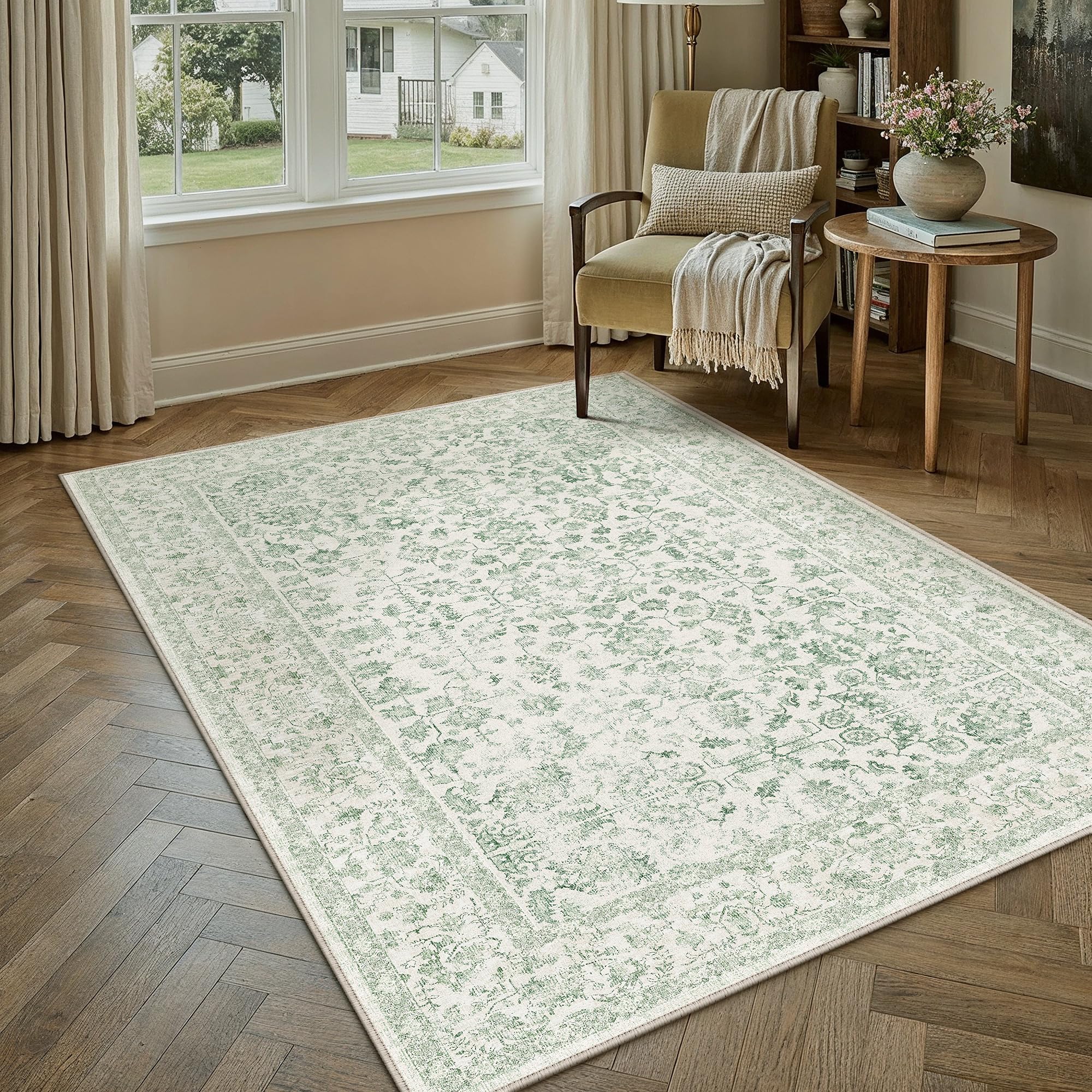 PureCozy 4x5 Green Area Rug Washable Non Slip Vintage Carpet Living Room