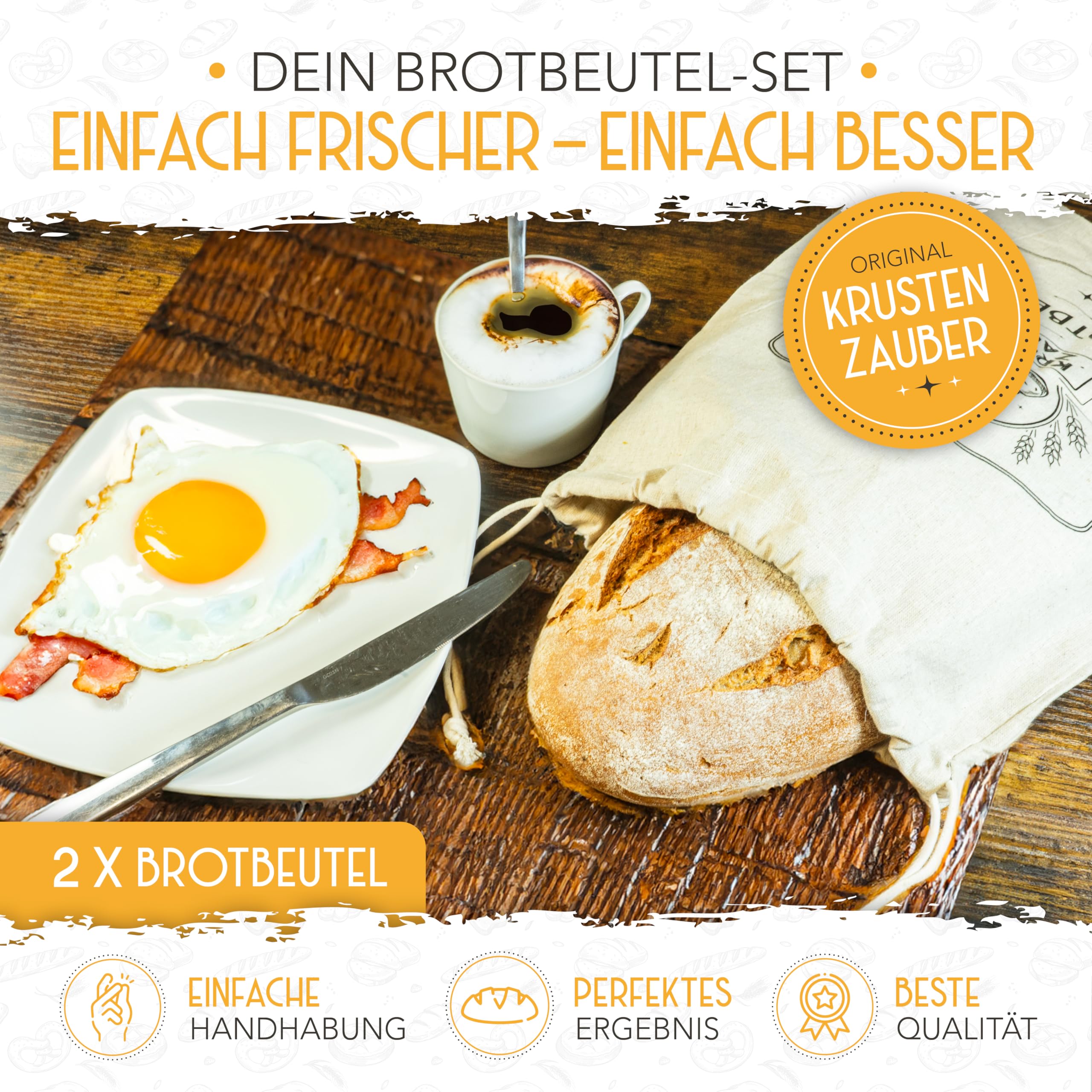 KRUSTENZAUBER Set 3 Sacchetti Per Pane In Lino 40x30 Cm – Conservazione Del Pane Fresco Senza Plastica – Riutilizzabili Ed Ecologici