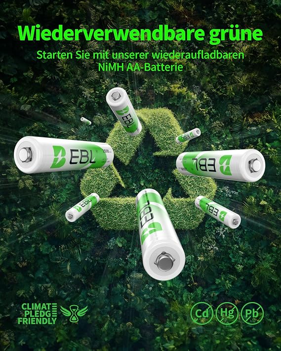 ebl aa battery 2500 mah rechargeable aa batteries type ni-mh pack of 8 1.2 v mignon batteries