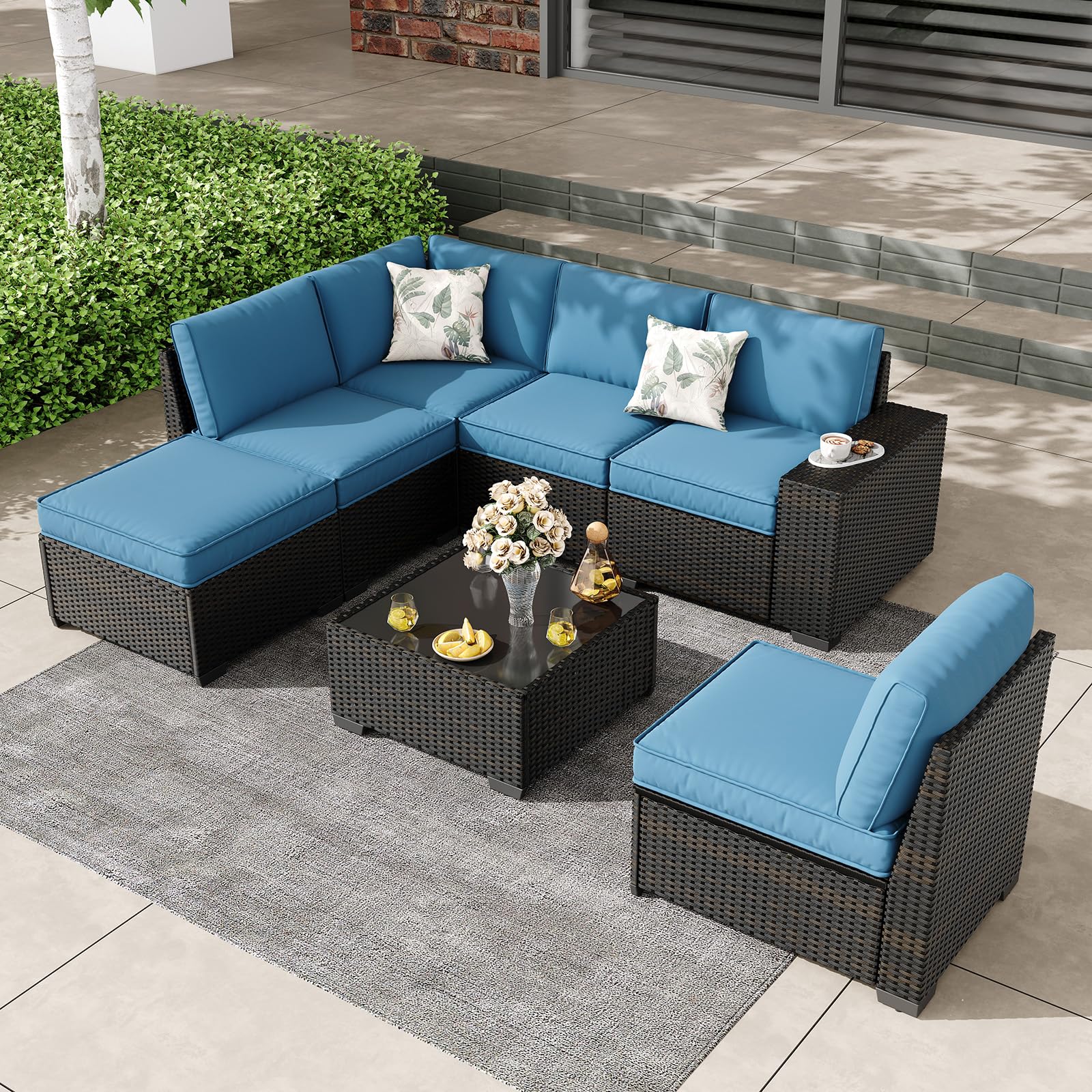 SunloungeCo 7 Pieces Outdoor Patio Furniture Set, Wicker Conversation Sets with Tea Table, Rattan Patio Sofa with Thick Cushions for Garden, Backyard