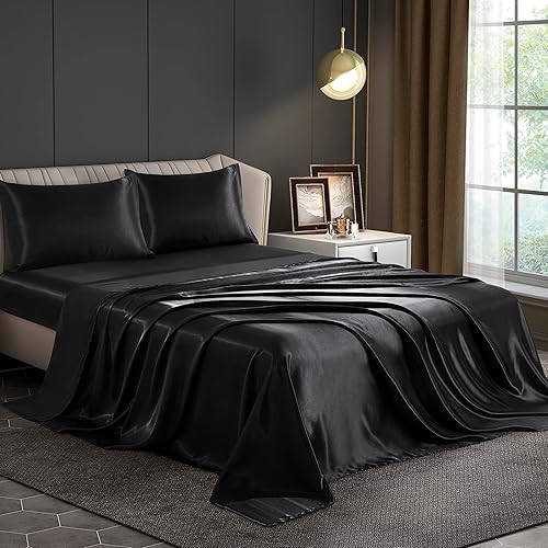 Miniatura 9 de Juego de sábanas de satén de 4 piezas, sábanas de satén suave y sedosas de tamaño matrimonial con 1 sábana bajera de bolsillo profundo, 1 sábana