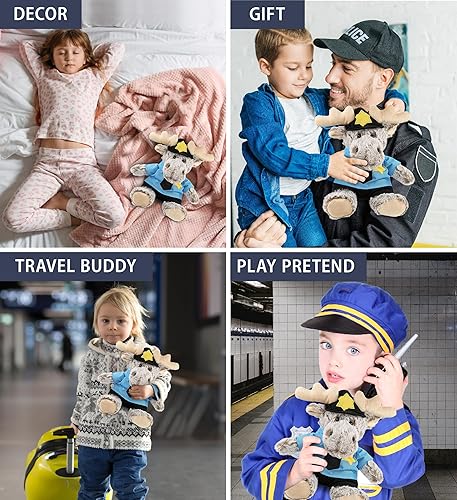 Miniatura 4 de DolliBu Alce sentado con suéter marrón con capucha oficial de policía de peluche  Alce Policía de peluche con lindo uniforme de policía y gorra