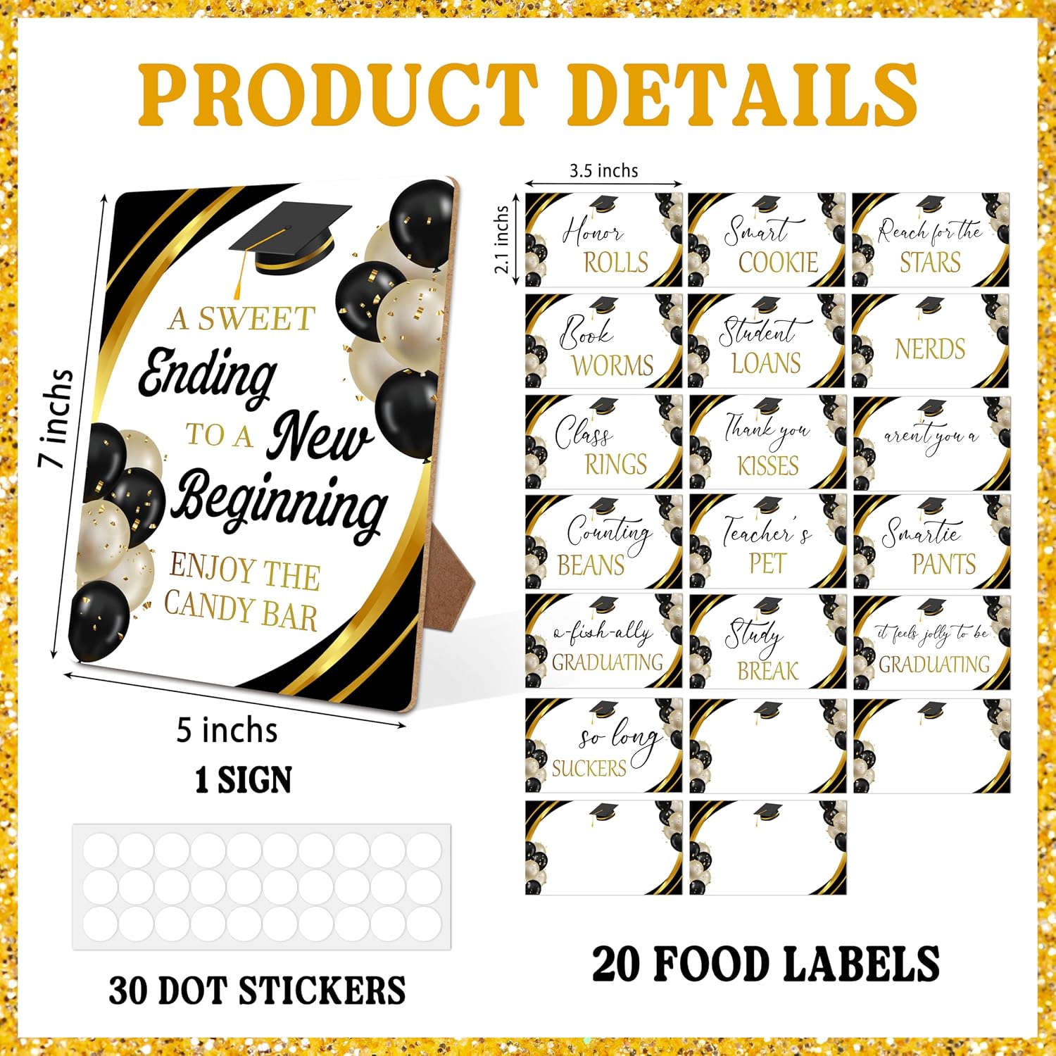 21 Pcs Graduation Candy Bar Signs, Sweet Ending New Beginning Candy Table Display Sets, Black Gold Graduation Party Food Dessert Buffet Labels, Class Of 2026 Grad Party Catering Supplies(A02) image 2