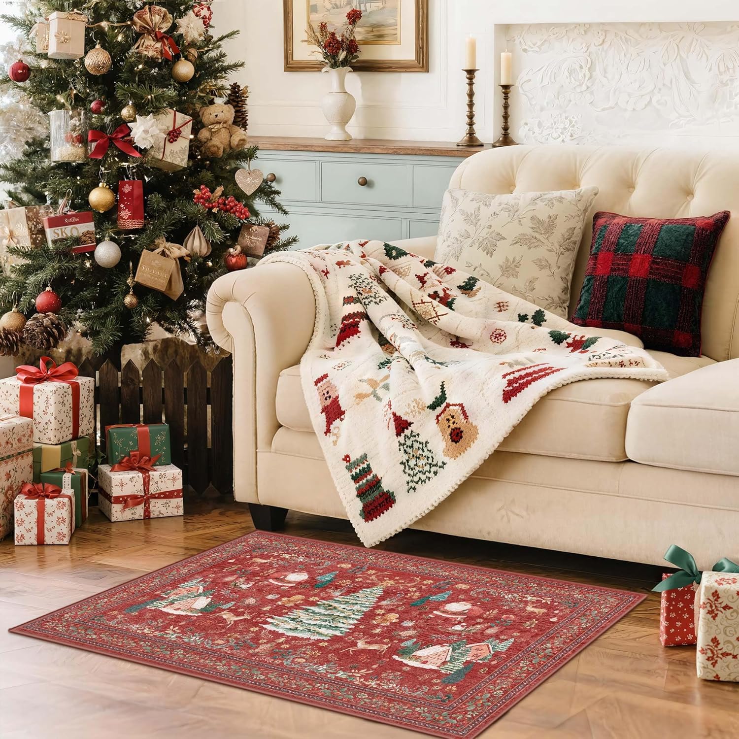 Kokia 2x3 Christmas Decorative Area Rugs, Red Vintage Xmas Entryway Area Rugs