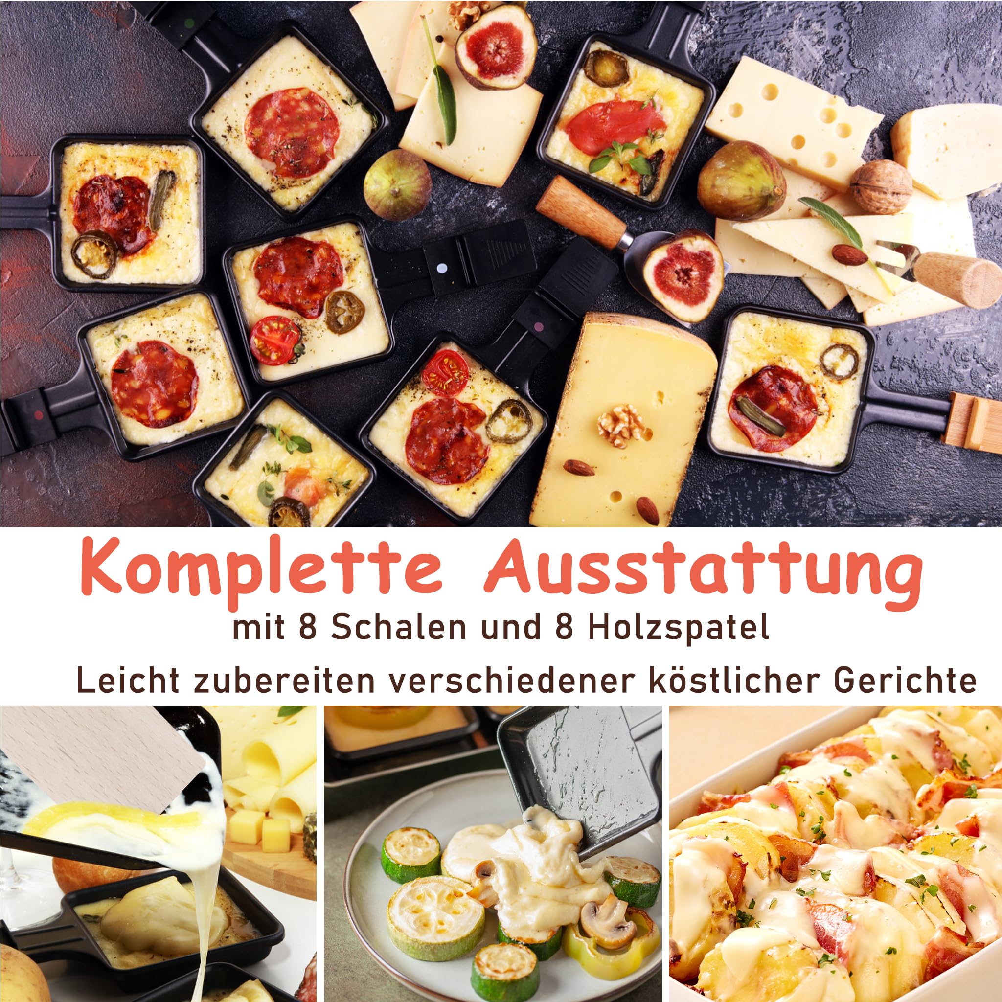 YRHome Grill raclette dla 8 osób, wielofunkcyjny grill z płytą kamienną i płytą grillową, 1400 W, 8 patelni i drewniana szpatułka, bezstopniowa regulacja temperatury, grill elektryczny do grillowania