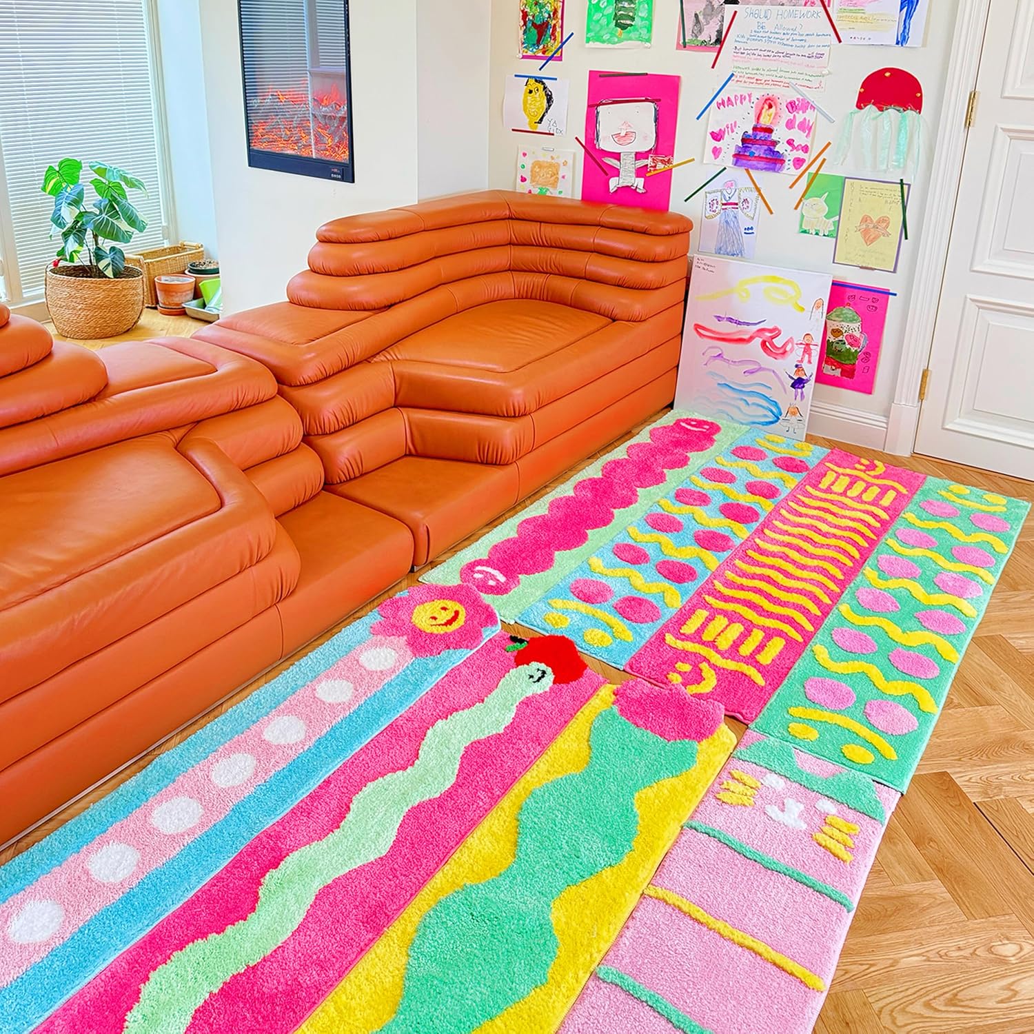 Doodle Smile Fresh Green Modular Rug Tile – Washable Anti-Slip Carpet, Design for Build-Your-Own Rug, Part of Modular System for Mix & Match with Other Pieces, 150×30cm (59”×12”)