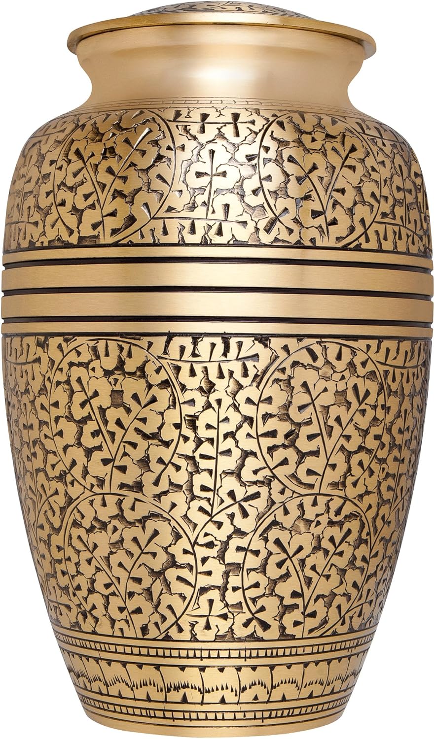 Golden Funeral Urn by Liliane Memorials - Cremation Urn for Human Ashes - Hand Made in Brass - Suitable for Cemetery Burial or Niche - Large Size fits Remains of Adults up to 200 lbs - Branches Model