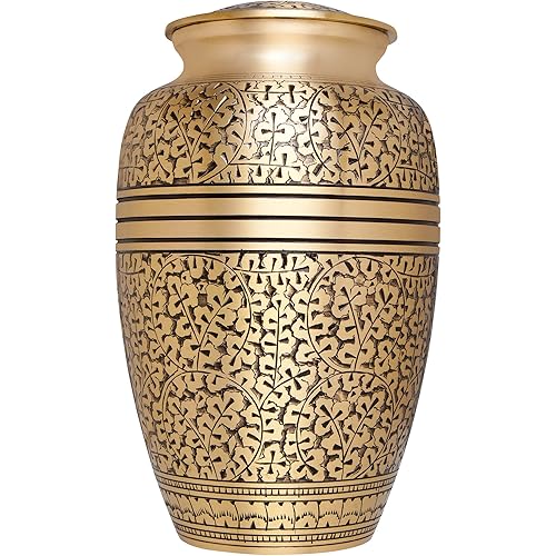 Golden Funeral Urn by Liliane Memorials - Cremation Urn for Human Ashes - Hand Made in Brass - Suitable for Cemetery Burial or Niche - Large Size fits Remains of Adults up to 200 lbs - Branches Model