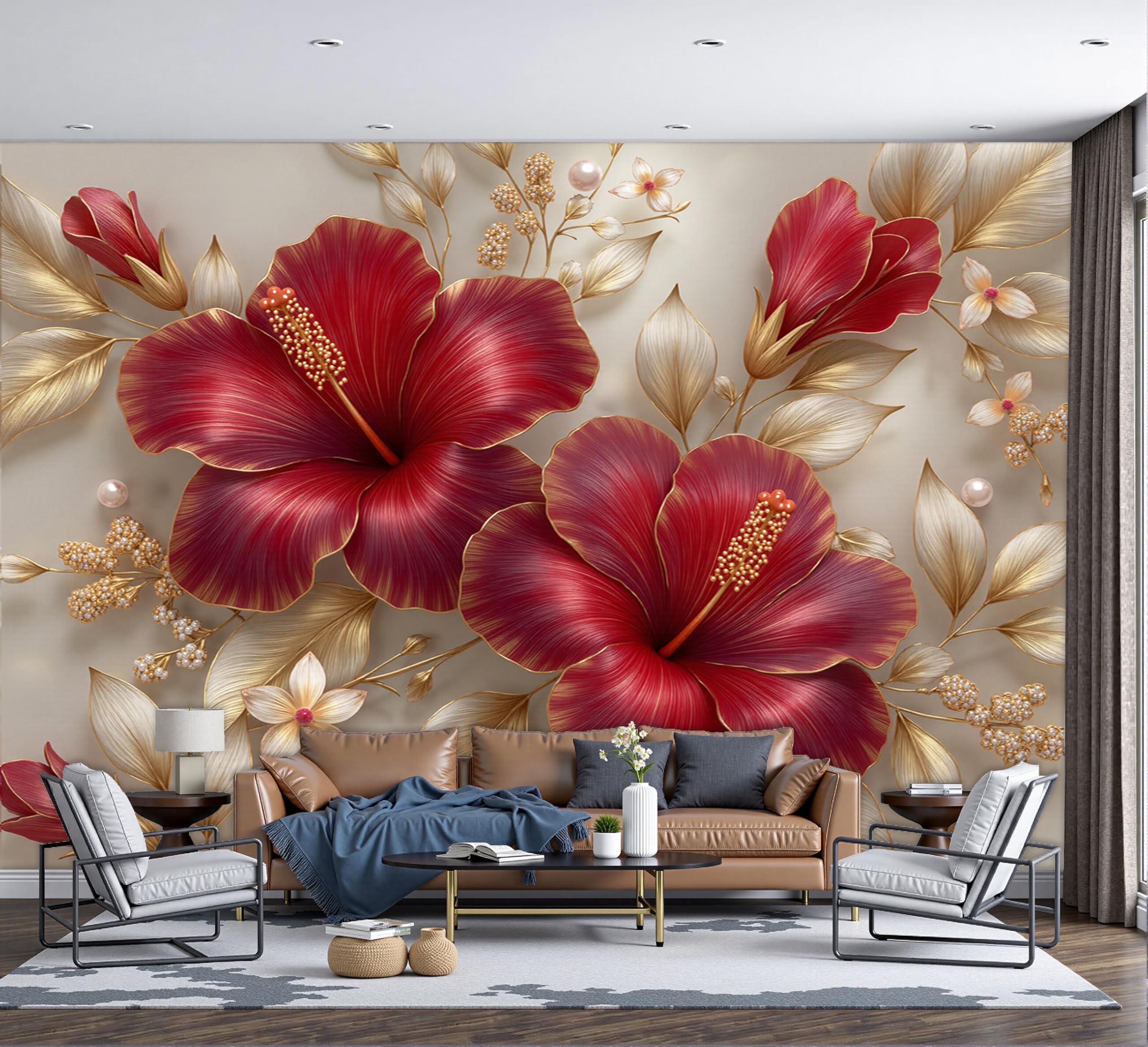 Papier Peint 3D Hibiscus 200X140Cm Tapisserie Murale Salon