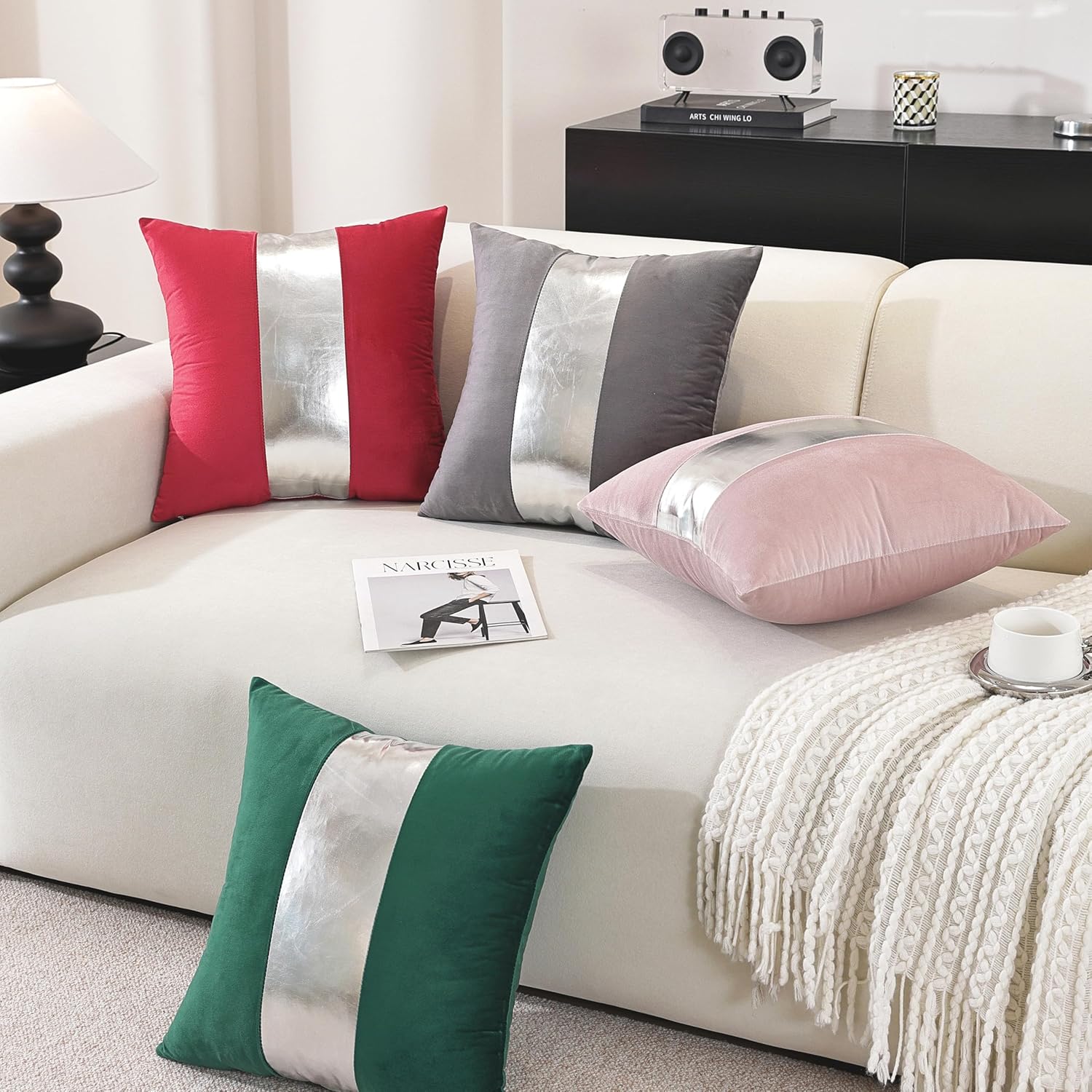 TAOSON Pack of 2 Velvet Decorative Throw Pillow Covers Dark Grey Patchwork with Silver Striped Leather Pillow Covers 18×18 Inch Cushion Covers Decor Living Room Sofa Bedroom Car Only Cover No Insert - Image 6