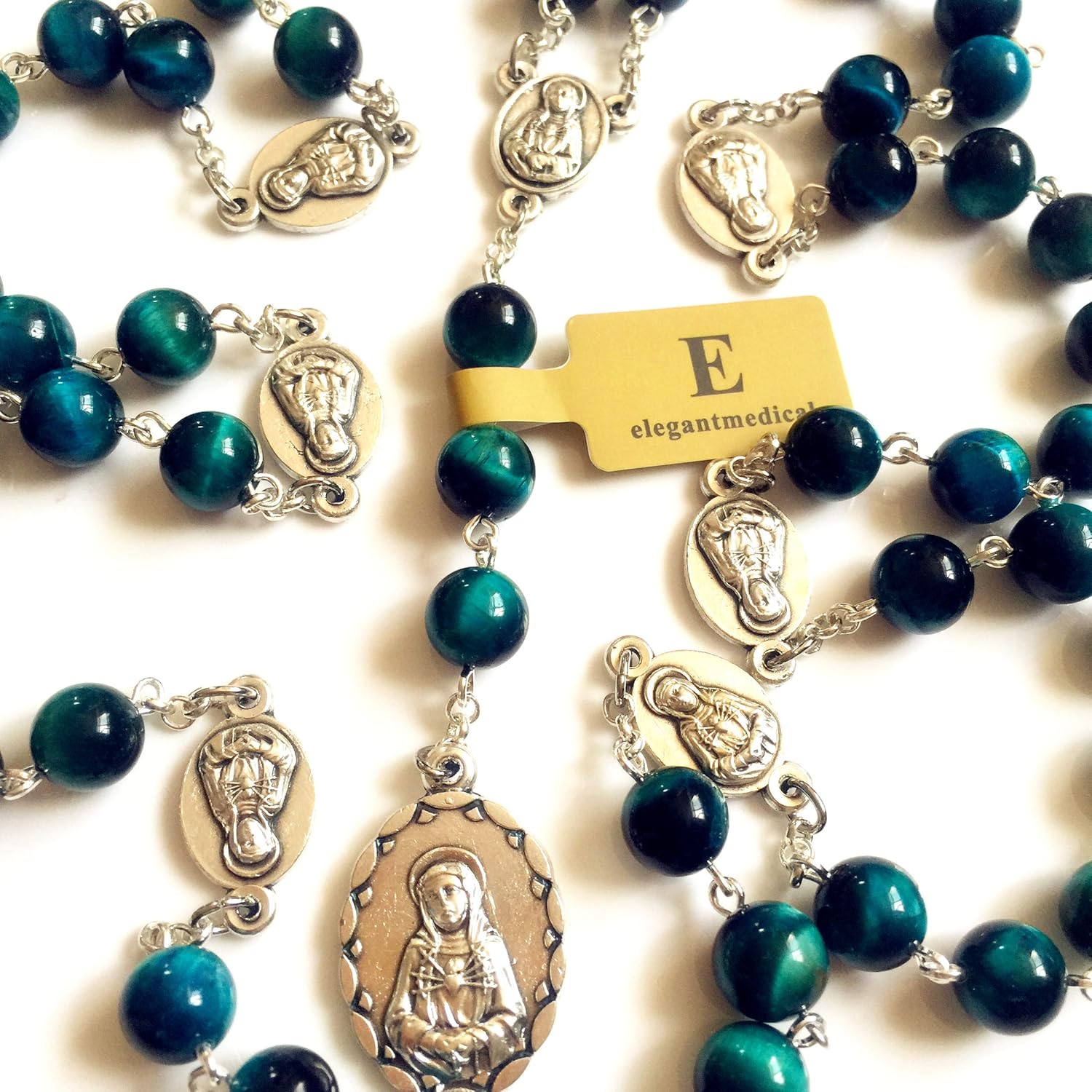 elegantmedical HANDMADE RARE Peacock buleTiger Eye Jade Beads SEVEN 7 SORROWS MARY MEDAL Rosary Necklace Catholic GIFTS - Image 3