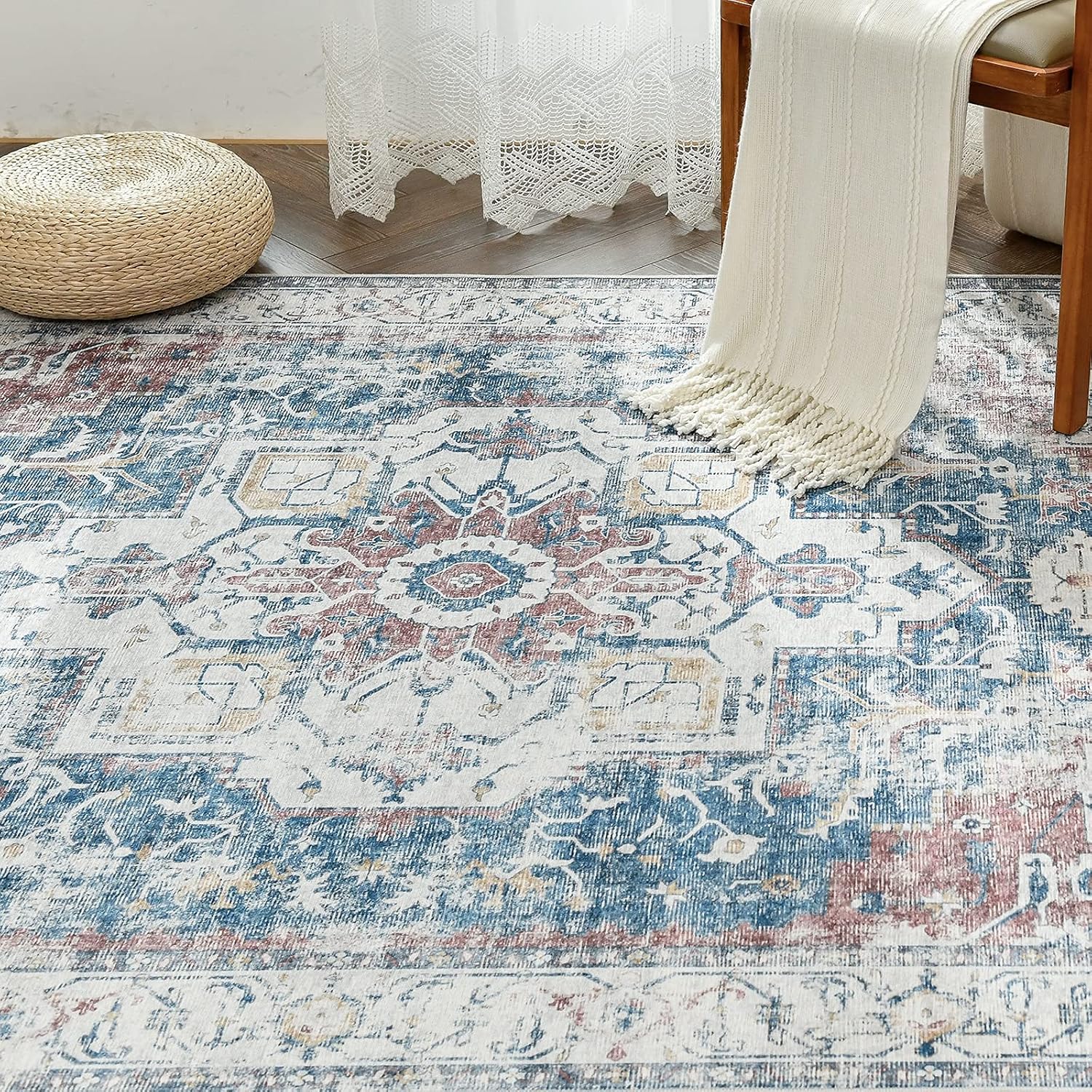 jinchan Kelda Area Rug 2x3 Entryway Accent Rug Indoor Vintage Floor Mat Navy Blue Multi Print Retro Distressed Carpet Chenille Soft Mat Non Slip Bathroom Kitchen Living Room Bedroom