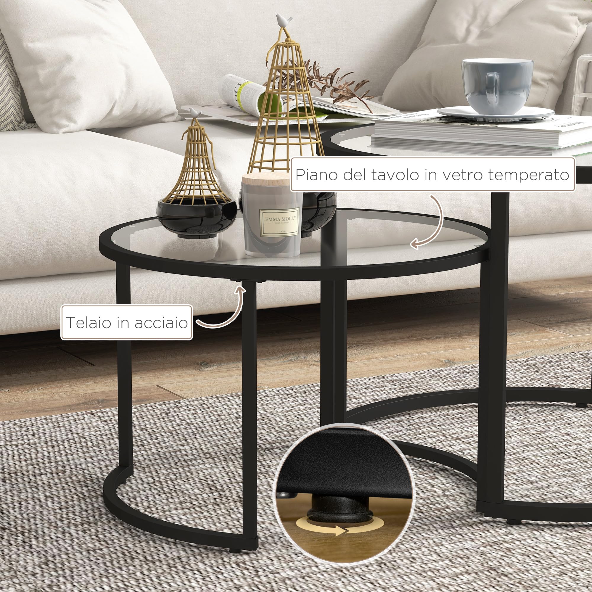HOMCOM Set di 2 Tavolini da Caffè Impilabili Ø70x47.5cm e Ø54x42.5cm Nero | Sovrapponibili, Tavolini Bassi Rotondi da Salotto, Vetro Temperato e Acciaio, per Soggiorno Camera e Ufficio