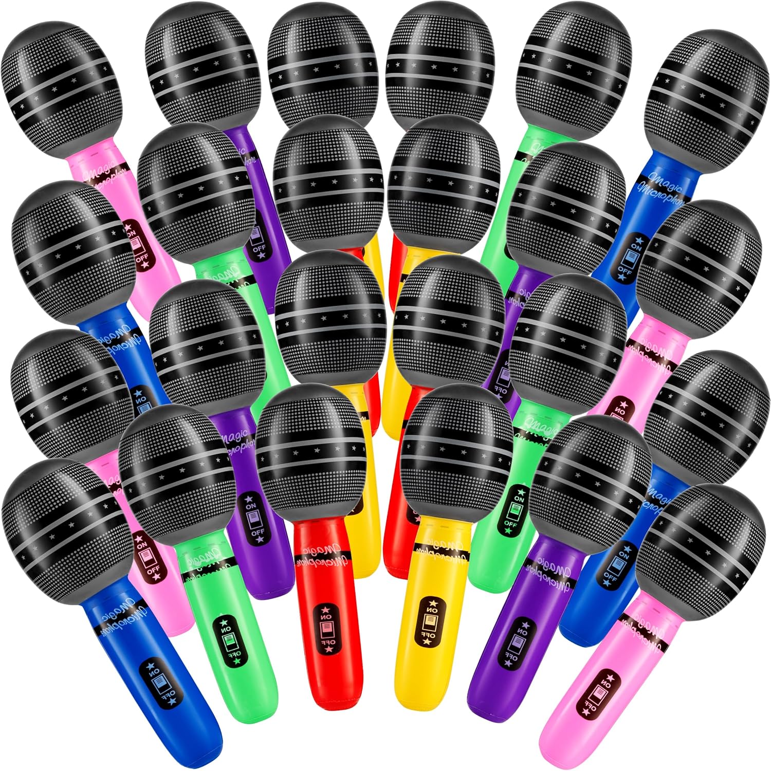 Inflatable Microphones for Parties - (Pack of 48) 10-inch Neon Colors Blow Up Microphone for Kids, Party Favors, Giveaways, DJ-Props, Photo-Booth, Birthdays, Dance, Sing Concert, Karaoke Decorations