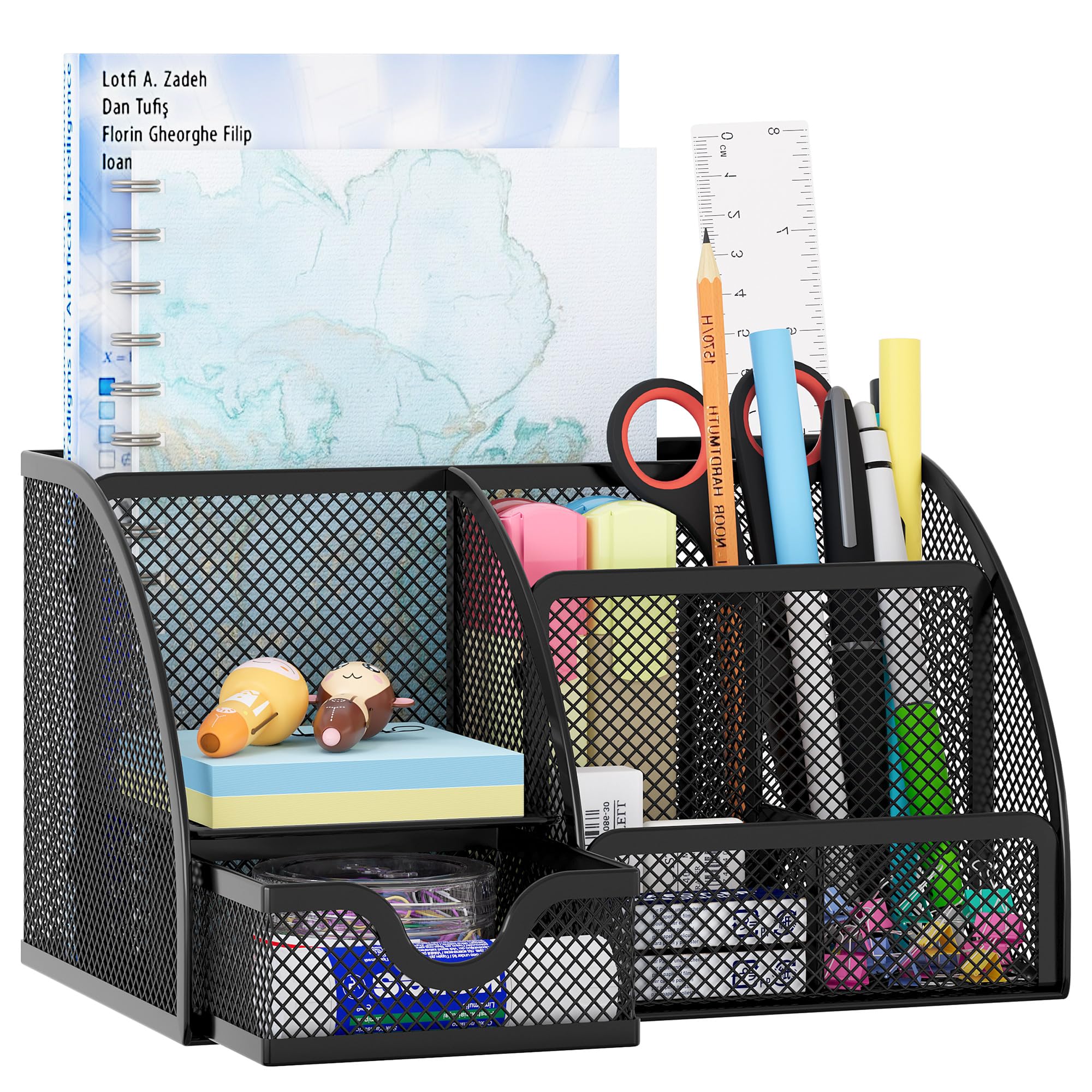 EasyPAG Mesh Desk Organizer, Multi-functional Stationery Organizer for School Supplies, Office Pen Holder for Desk, 6 Compartments Dorm Organization with Drawer, Black