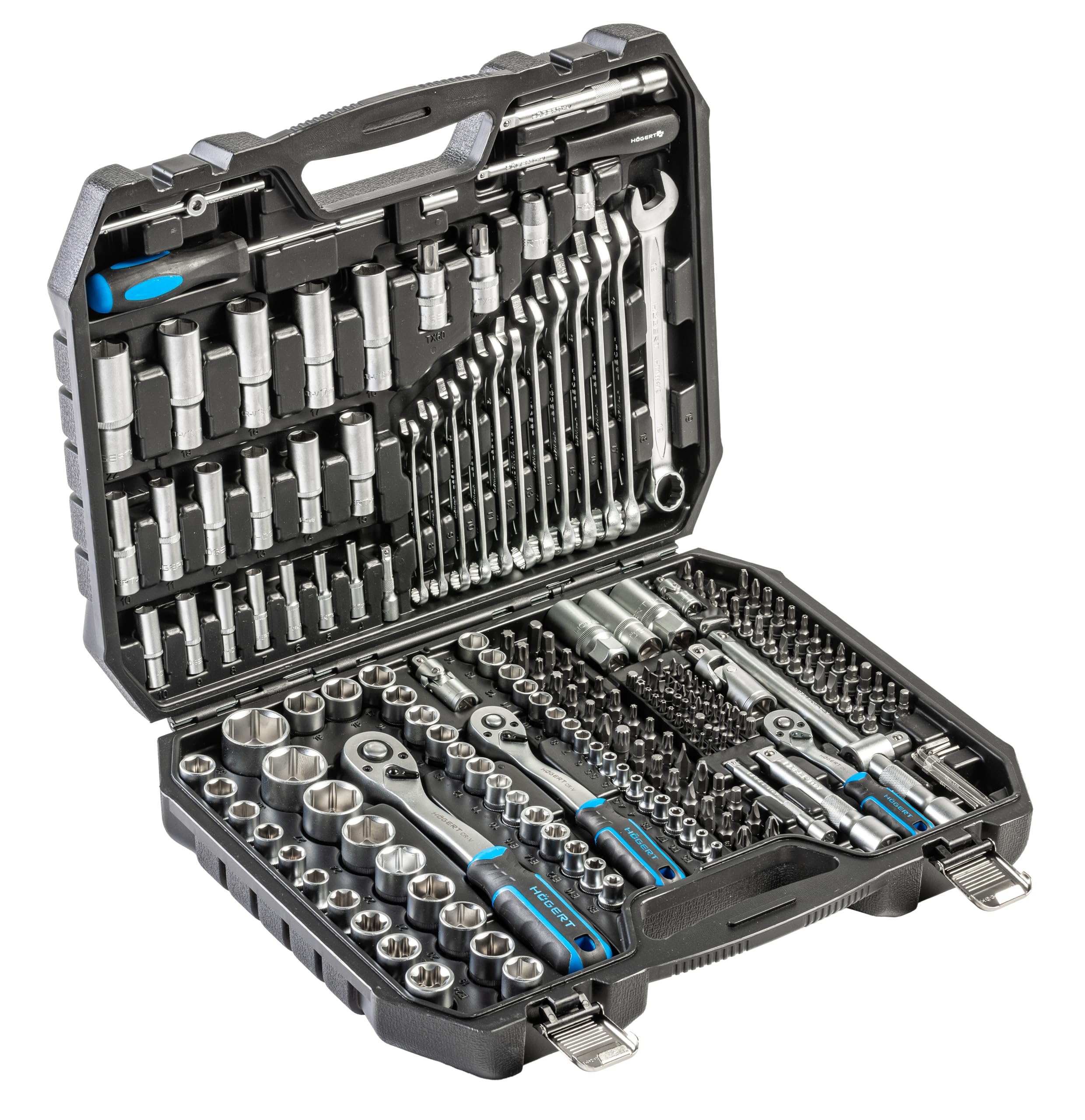 Högert Technik - Set di utensili 222 pezzi, set di chiavi a bussola e punte 1/4“ & 3/8” & 1/2", acciaio CRV, chiave a forchetta, DIN 3124, in valigetta di acciaio