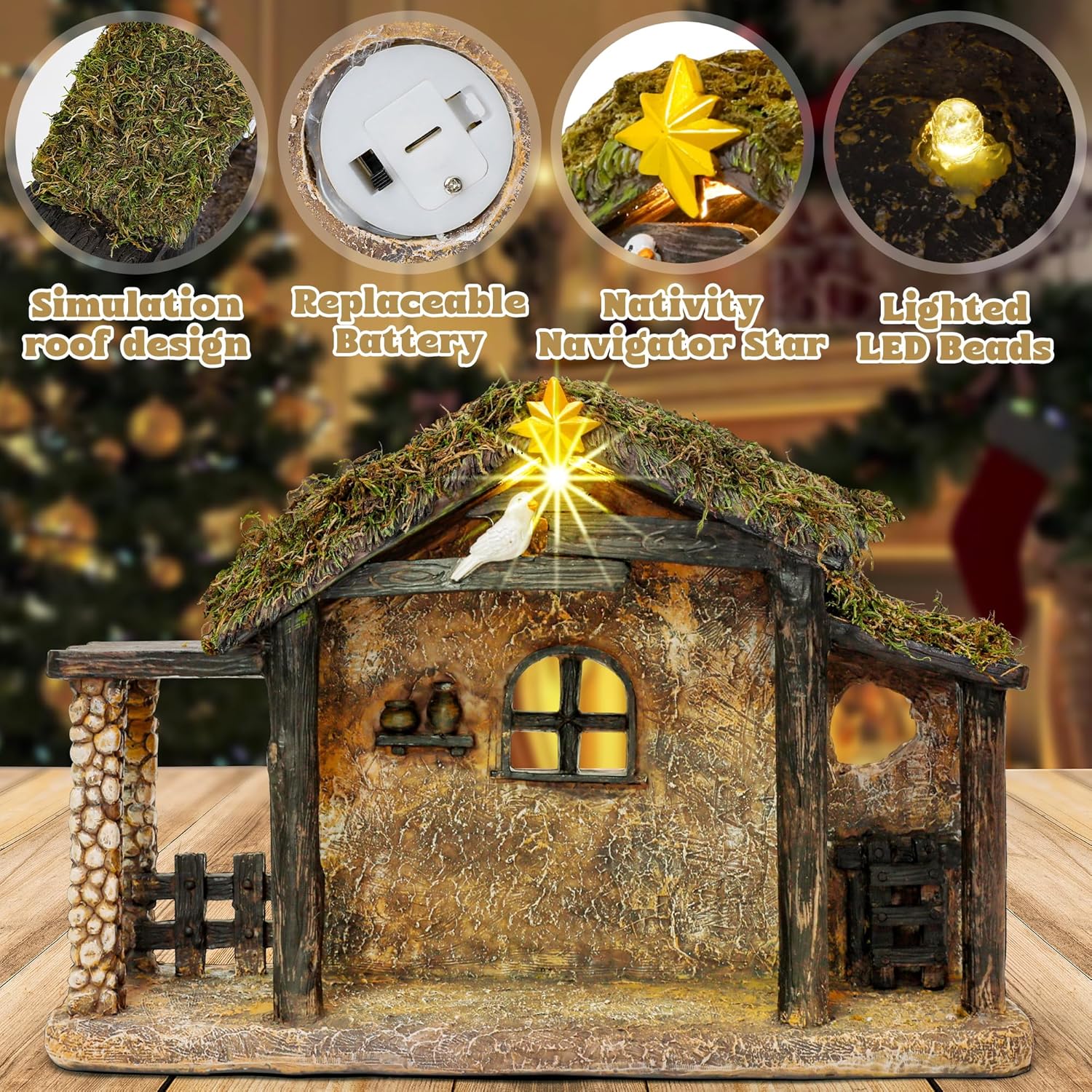 Christmas Nativity Stable, Resin Christmas Manger Nativity Stable, Hand Painted Jesus Birth Manger Figurines with LED Light, Classic Xmas Table Ornaments for Holiday Indoor Tabletop Fireplace Gift
