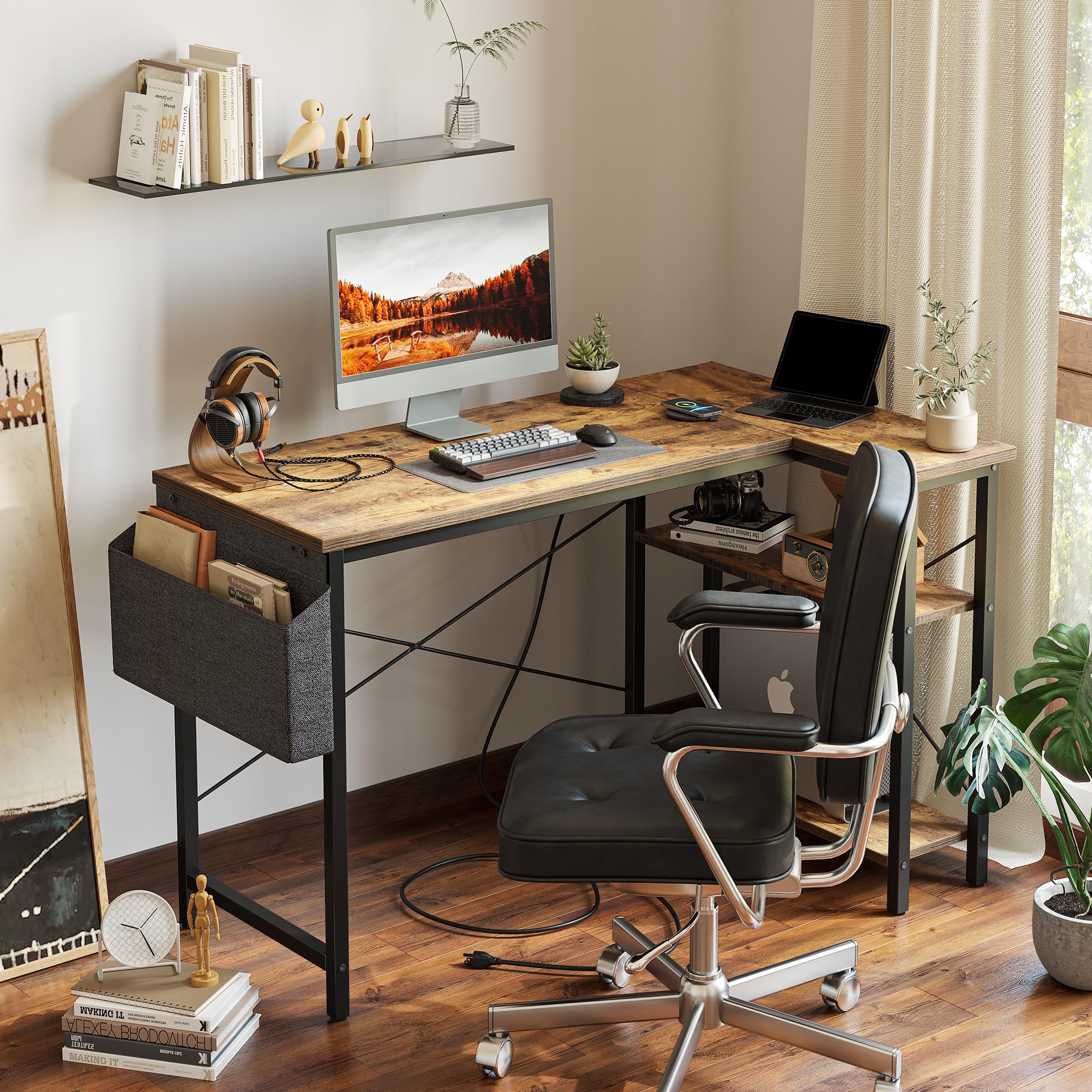 BEXEVUE Bureau de jeu en forme de L avec sac de rangement, petite table d'écriture avec grandes étagères de rangement réversibles, poste de travail pour étude, jeux, travail, bureau à domicile, marron