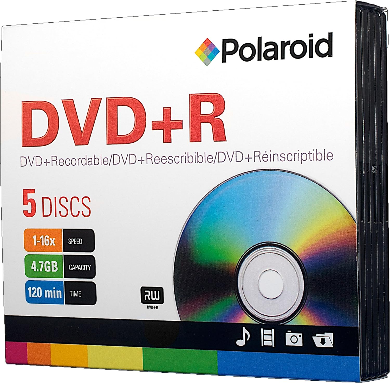 Polaroid PRDVDPR005J DVD+R 4.7GB 120Minute 16x Recordable DVD Disc, 5Pack Slim Case Amazon