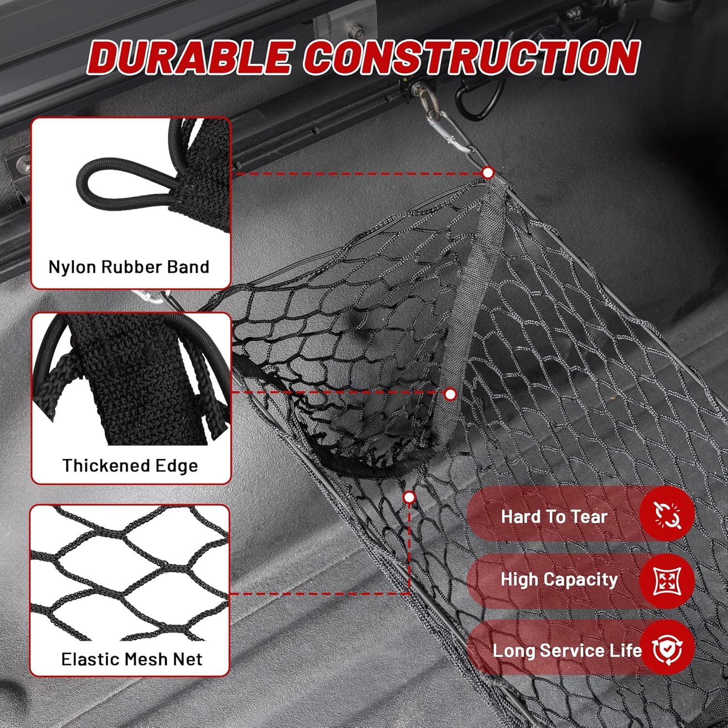 RED WOLF 3 Pocket Cargo Mesh Net for 2024-2025 Tesla Cybertruck Trunk Organizer Netting Rear Bucket Storage Net with L-Track Round Ring D-Carabiner Mounting Hook