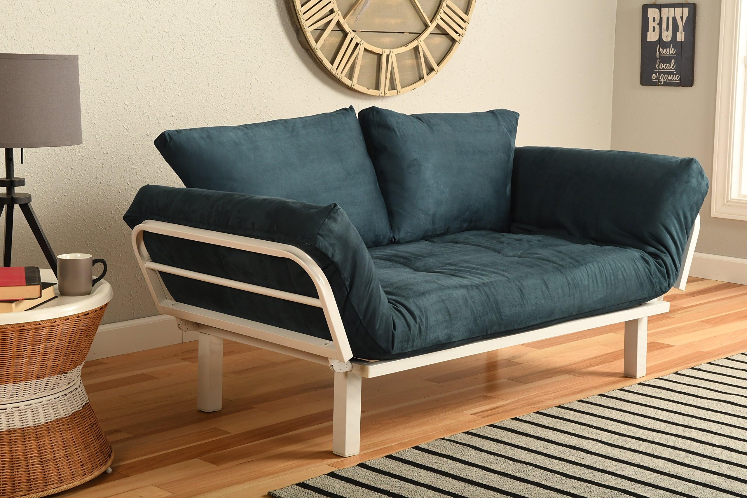 White Metal Frame Small Futon Lounger Furniture for Studio Loft College Dorm Apartments Guest Room Bedroom Covered Patio Sunroom or Porch-Twin Size