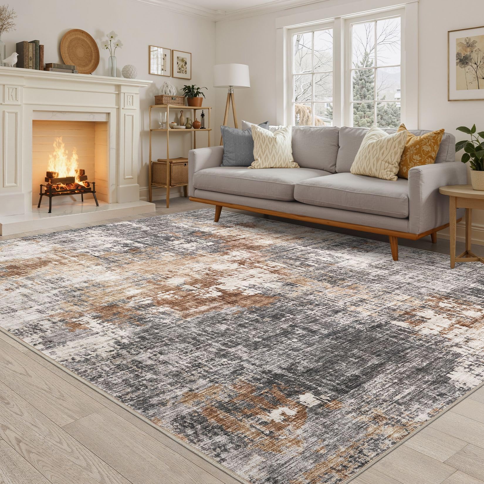 DMOYEST Washable Rugs Living Room - 200 x 300cm Large Abstract Neutral Modern Soft Non Slip Low Pile Kid and Pet Friendly Rug for Bedroom Dining Table Home Office - Grey Brown