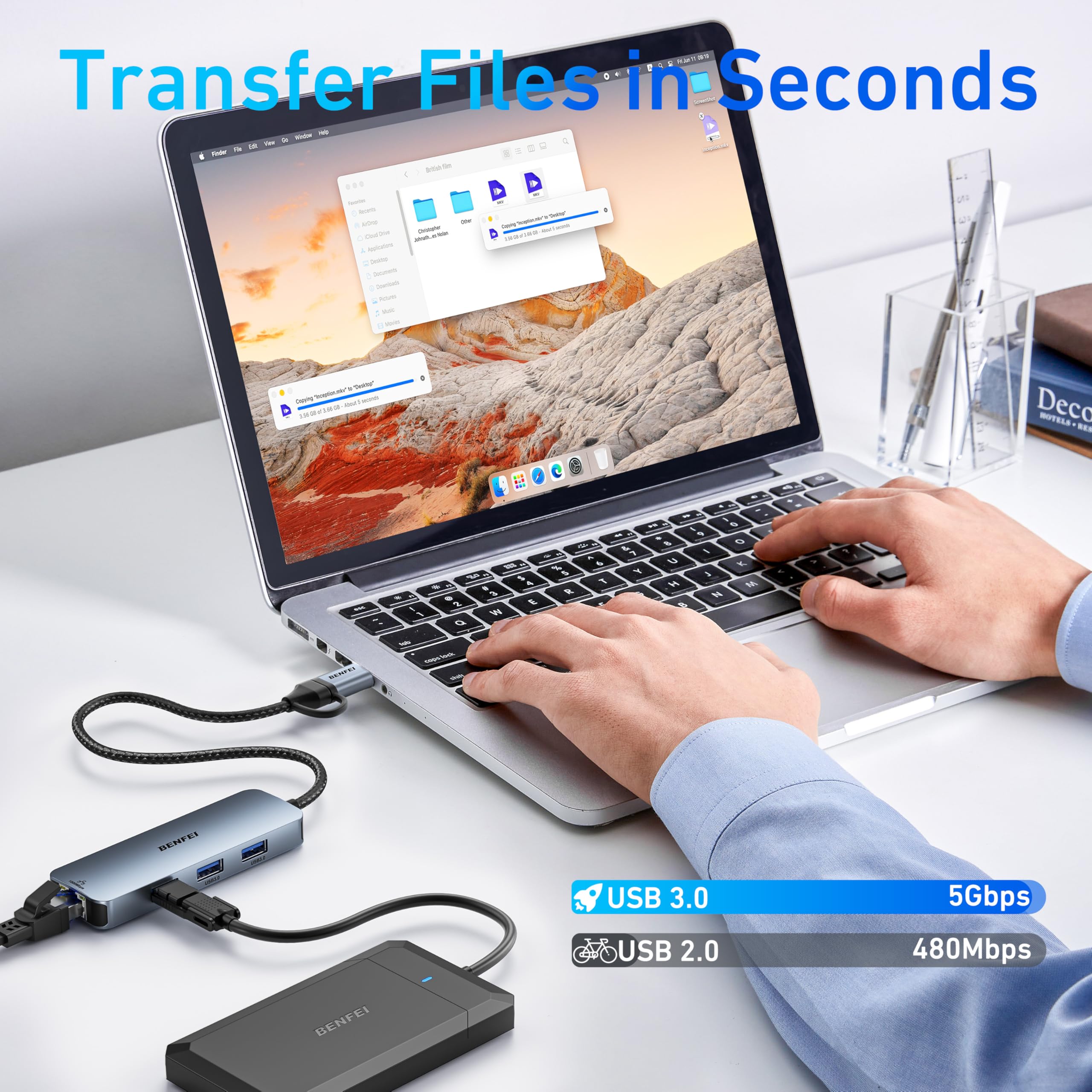 BENFEI Adattatore USB C USB 3.0 Ethernet,Hub USB 3.0 con 3 Porte USB 3.0 e 1 Porta LAN RJ45 1000M Gigabit, Adattatore Ethernet USB C/USB 3.0 per MacBook Pro/Air 2023 iPad Pro iMac S23 Surface Book 3