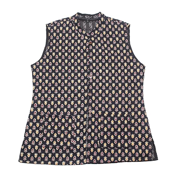 Women's Black-Multi Cotton Quilted Reversible Sleeveless Jacket