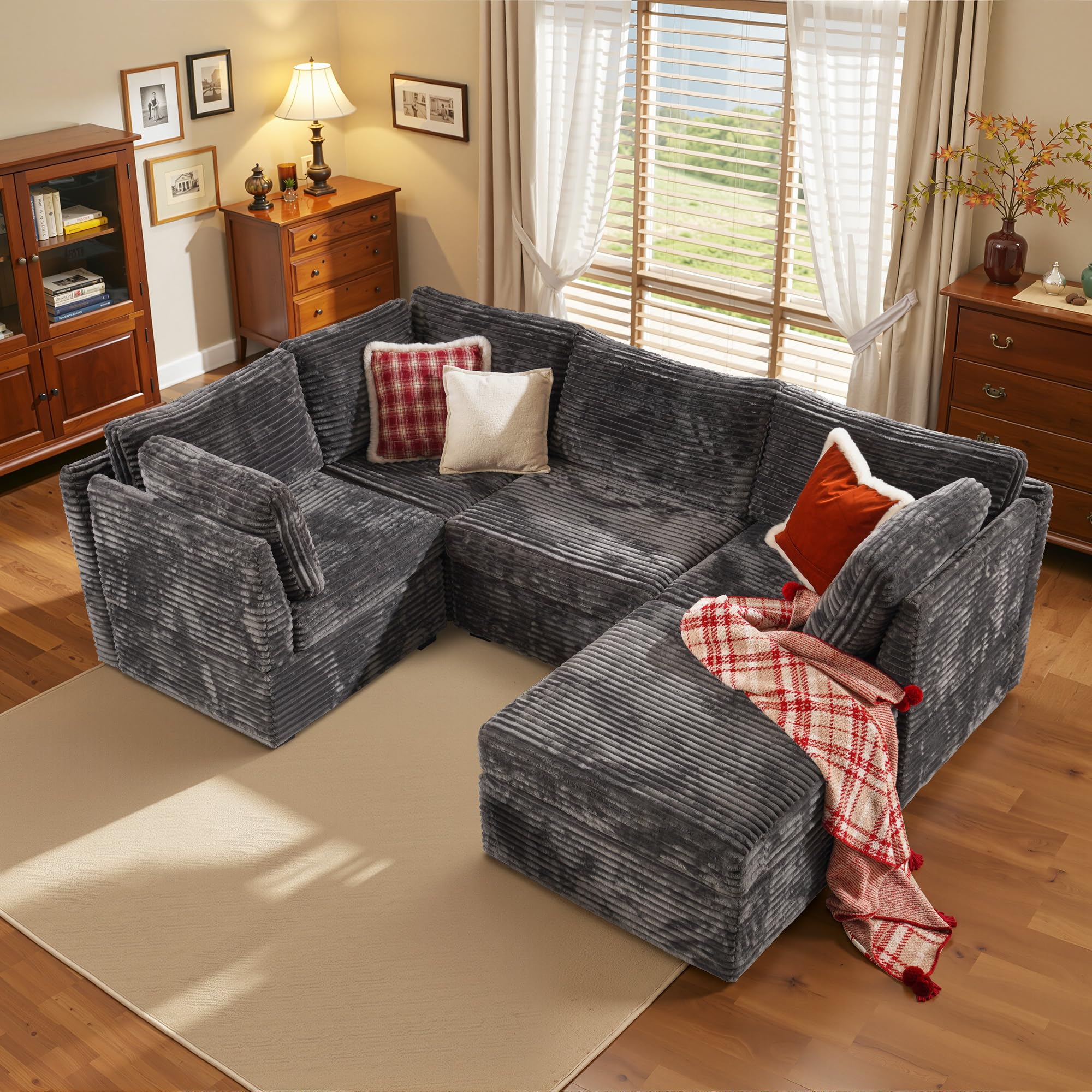 CAODOC Modular Sectional Couch, 5 Pieces, Cloud Couch with Ottoman Chaise