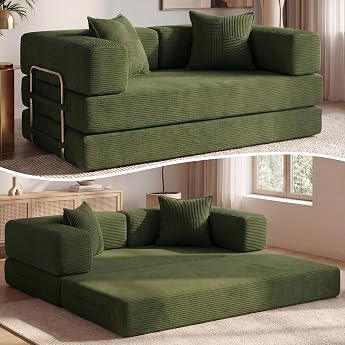 Vipbear Corduroy Fabric Sofa Bed 160 x 90 x 70 cm 5-in-1 Convertible Corduroy Floor Sofa High Density Foam Pet-friendly & Ergonomic No Assembly Green