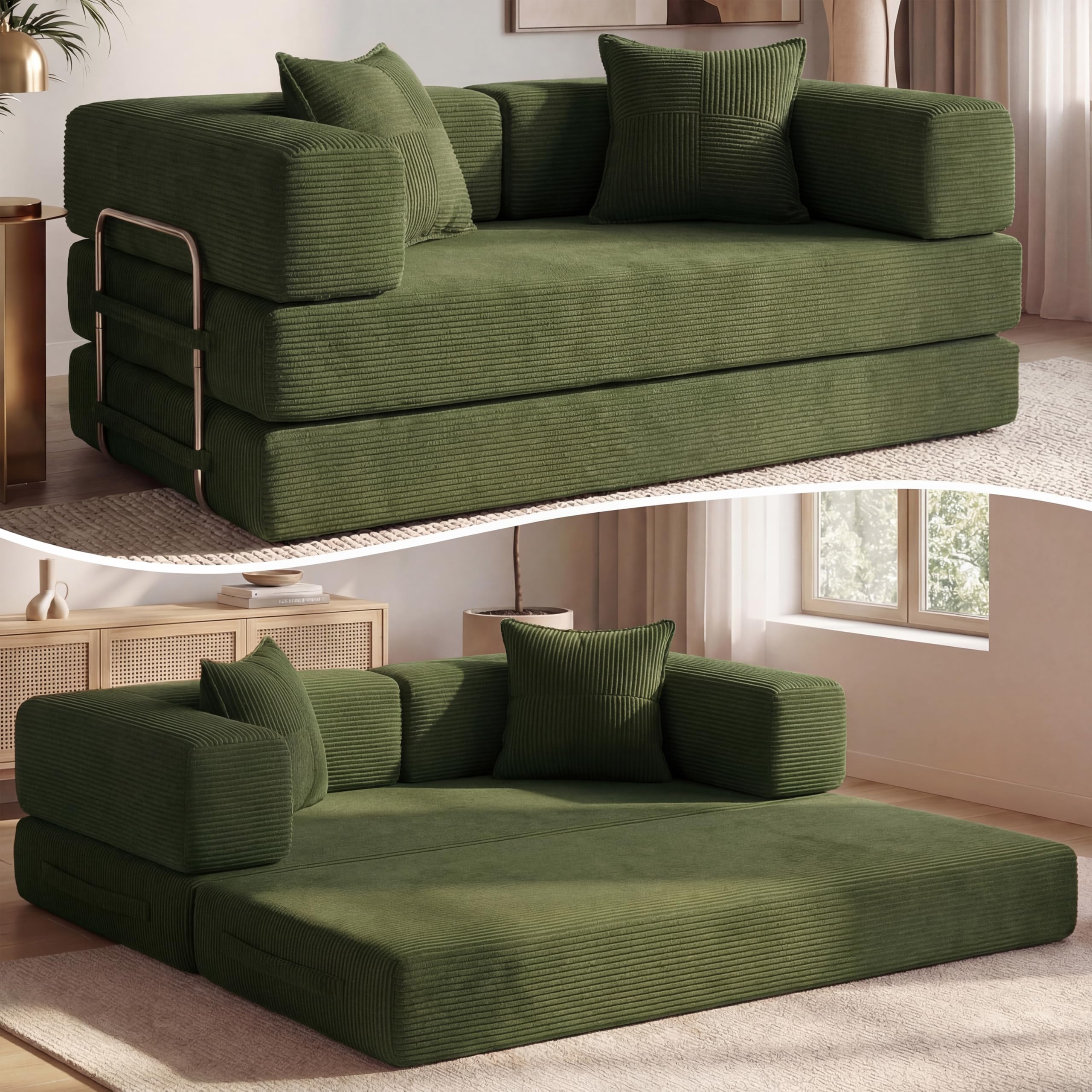 Vipbear Sofá Cama Pana 200×100×70 cm, sofá de Suelo transformable 5 en 1, Espuma de Alta Densidad, Apto para Mascotas y ergonómico, sin Montaje, Verde