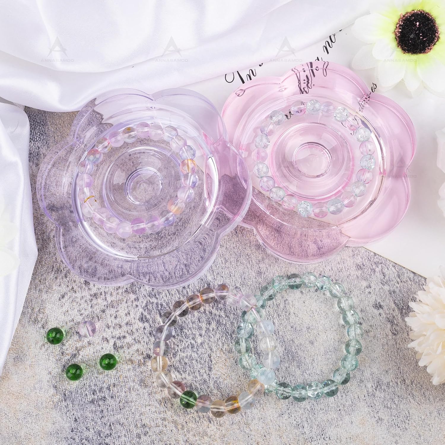 ANNASAMDO 3 Pack Clear Acrylic Bead Storage Boards Flower Shaped