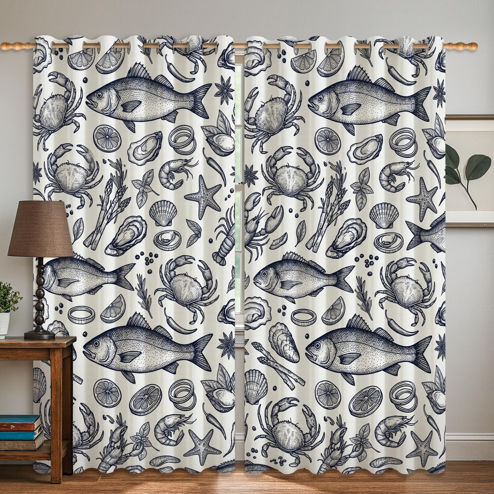 Rideaux occultants infroissables bleu marine à motif bord de mer pour chambre
