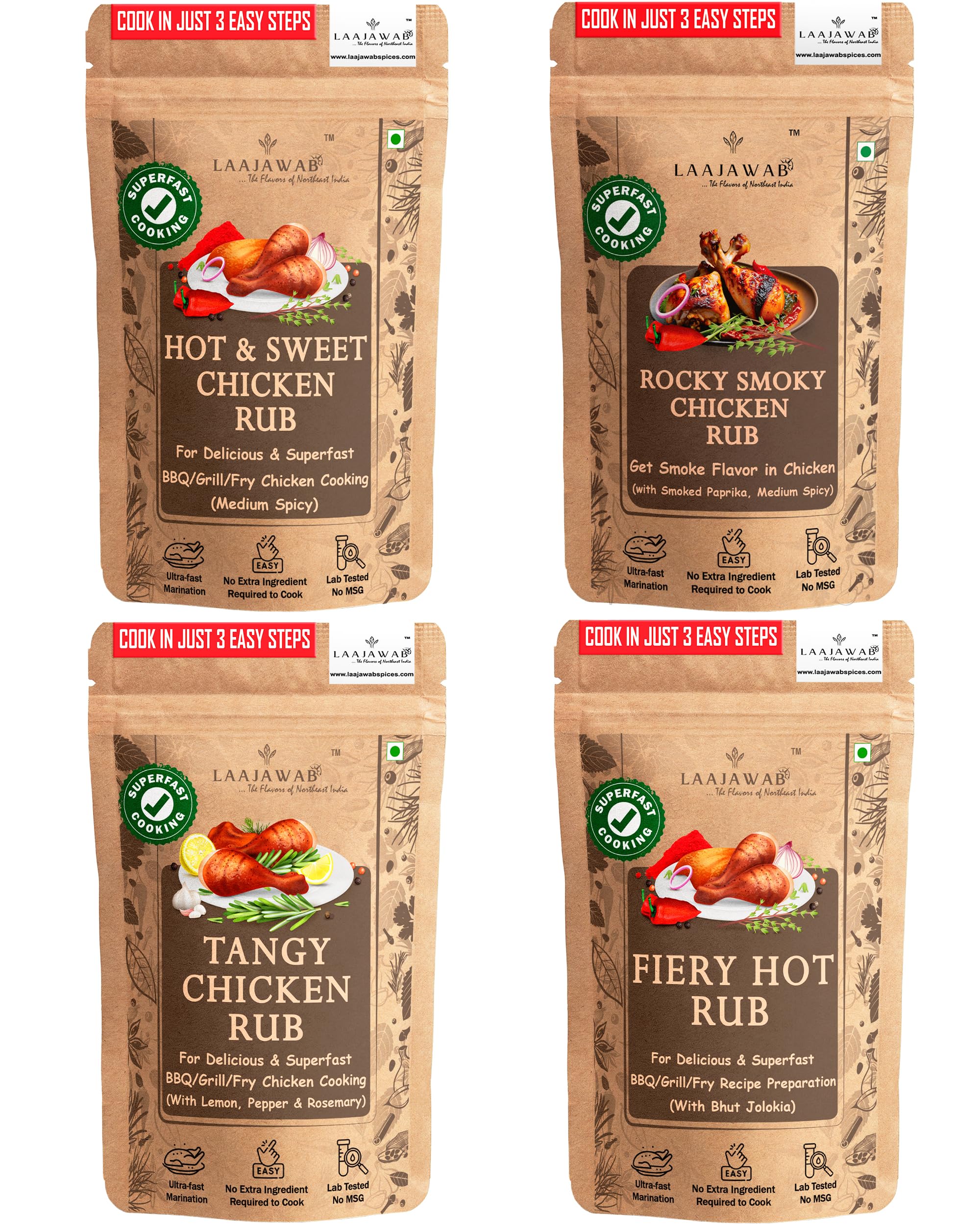 Laajawab All-in-One Barbeque Marinade Rubs Trial Combo Pack of 4 Top Flavors; Hot & Sweet, Smoky, Fiery Hot and Tangy Rubs | Delicious & Superfast Cooking of BBQ, Grill, Fry Chicken, 50 grams x 4 (B0CR447ZTN) Amazon Price History, Amazon Price Tracker