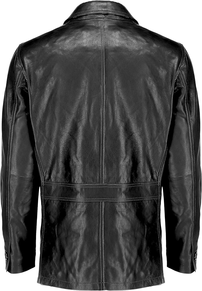 ジャケット・アウター LEATHER COMBINATION DOUBLE LAPEL COAT Men's Tall Two Buttons Black Leather Blazer Jacket