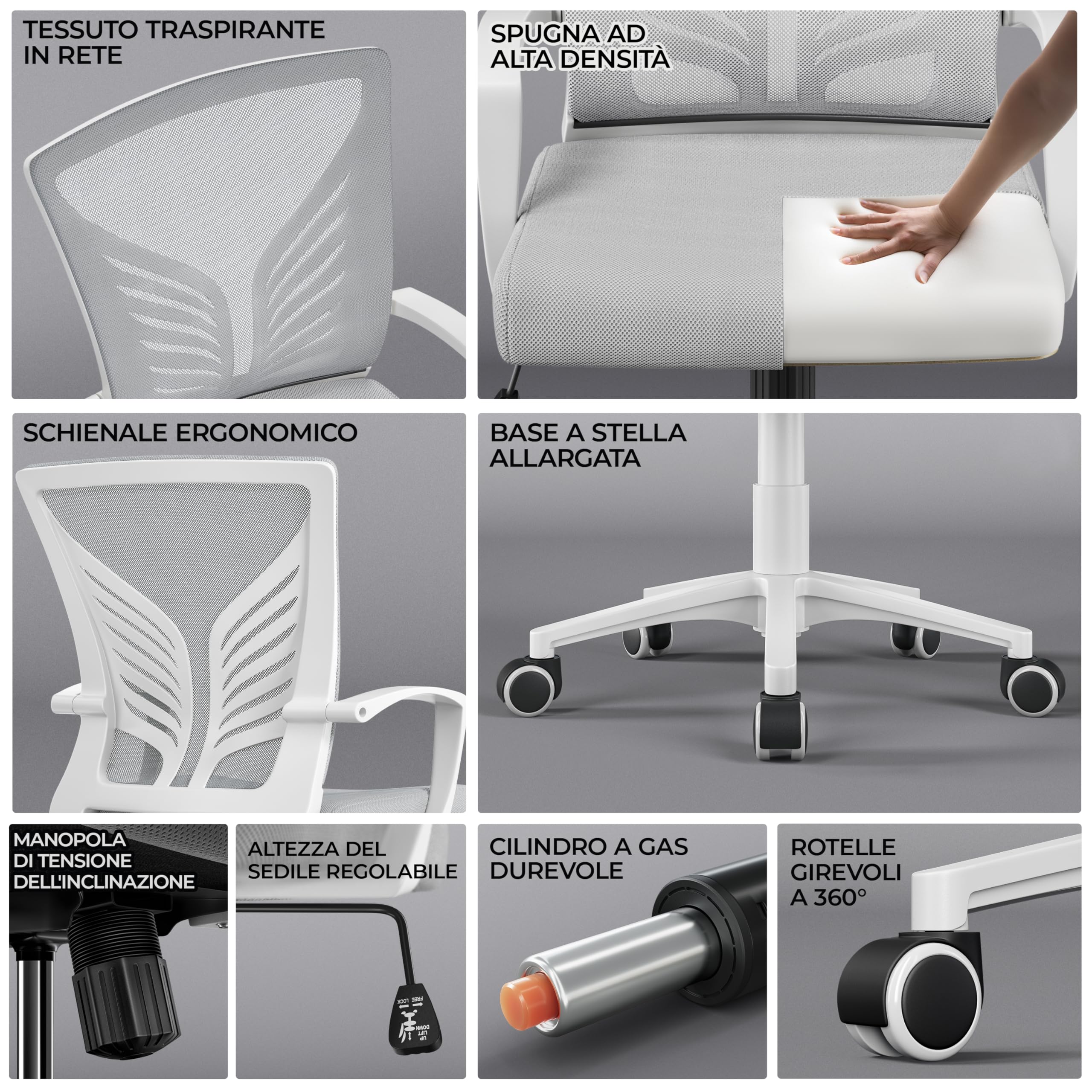 Yaheetech Sedia da Scrivania Ufficio Ergonomica a Rotelle Girevole Reclinabile in Rete Traspirante con Braccioli Altezza Regolabile Portata 136 kg Grigio Chiaro