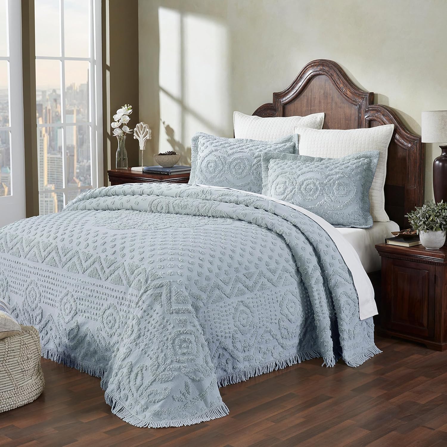 Better Trends Chenille Bedspreads Queen Size, Blue 100% Cotton Chenille Medallion Design Tufted Bedding Coverlet Soft Lightweight, 102"x110" with 2 Sham 3 Pieces Set Heirloom Collection